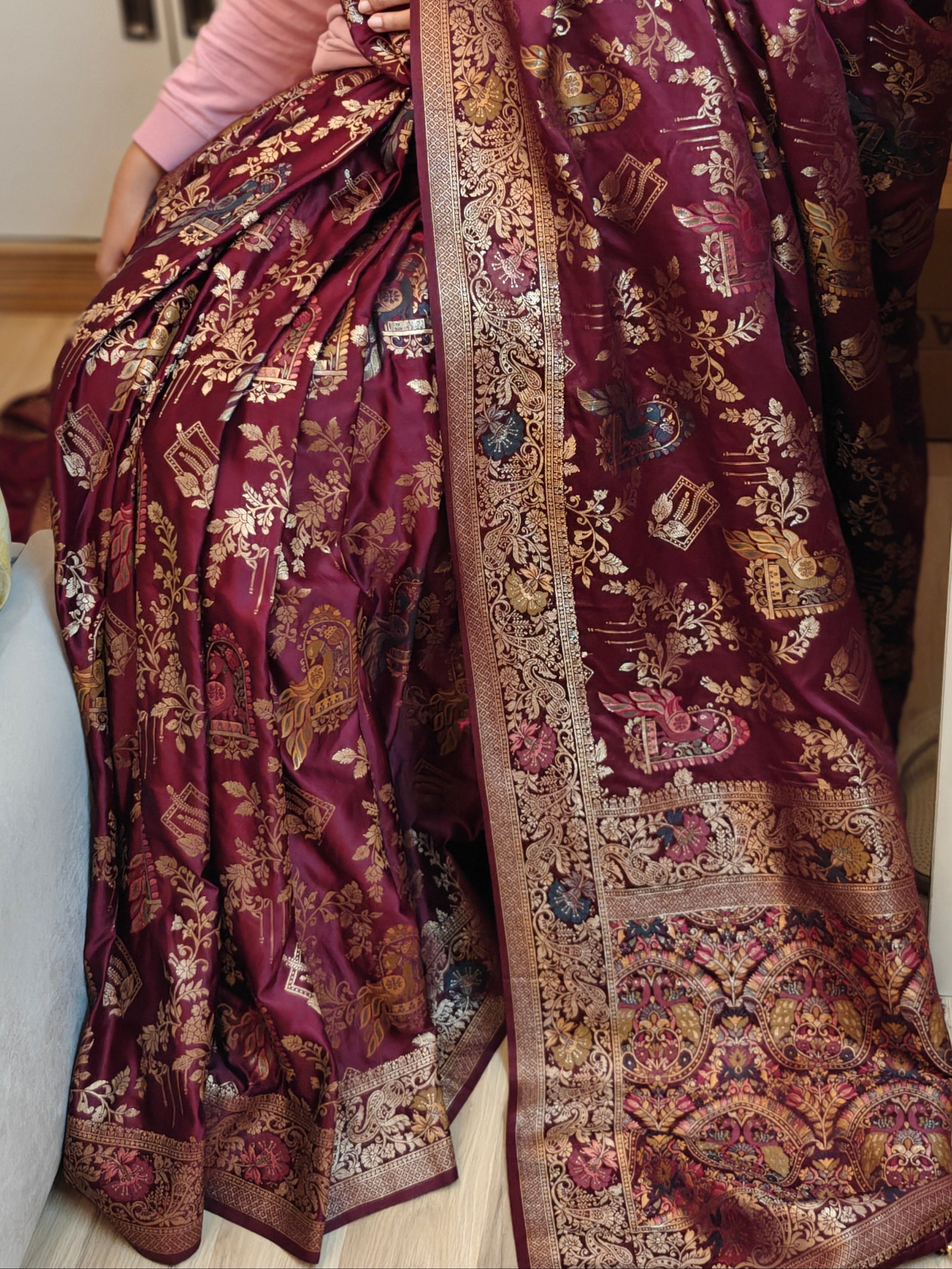 Wine Banarasi Silk Saree with Peacock Jaal Work