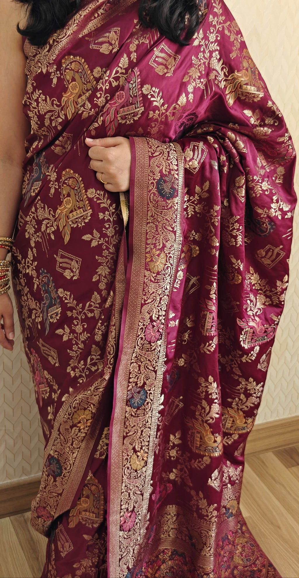 Wine Banarasi Silk Saree with Peacock Jaal Work