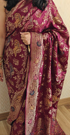 Wine Banarasi Silk Saree with Peacock Jaal Work