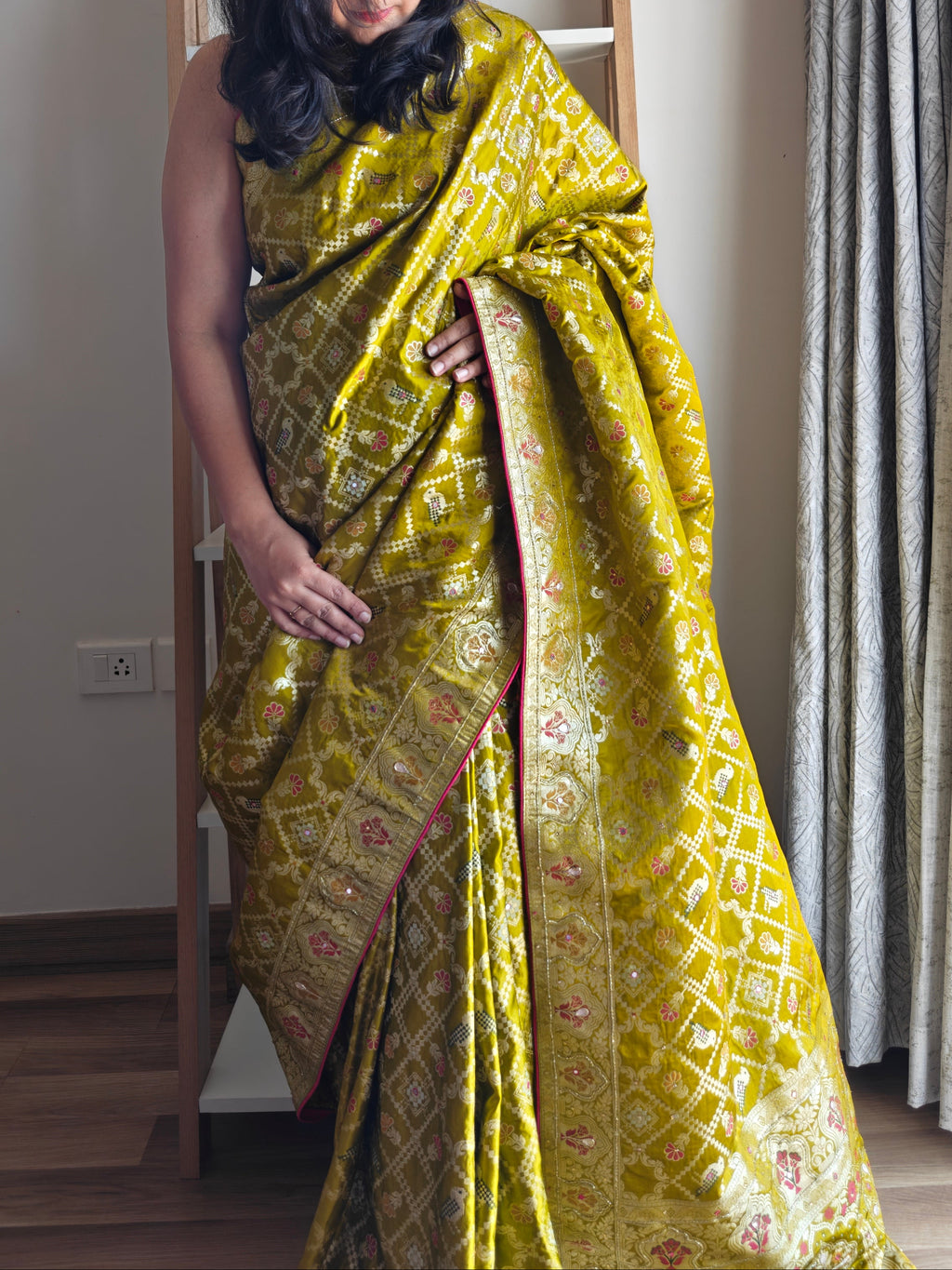 Royal Parrot Green Silk Bandhani Saree with Meenakari Birds, Gota Patti & Swarovski Embellishments