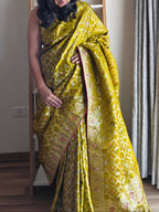 Royal Parrot Green Silk Bandhani Saree with Meenakari Birds, Gota Patti & Swarovski Embellishments