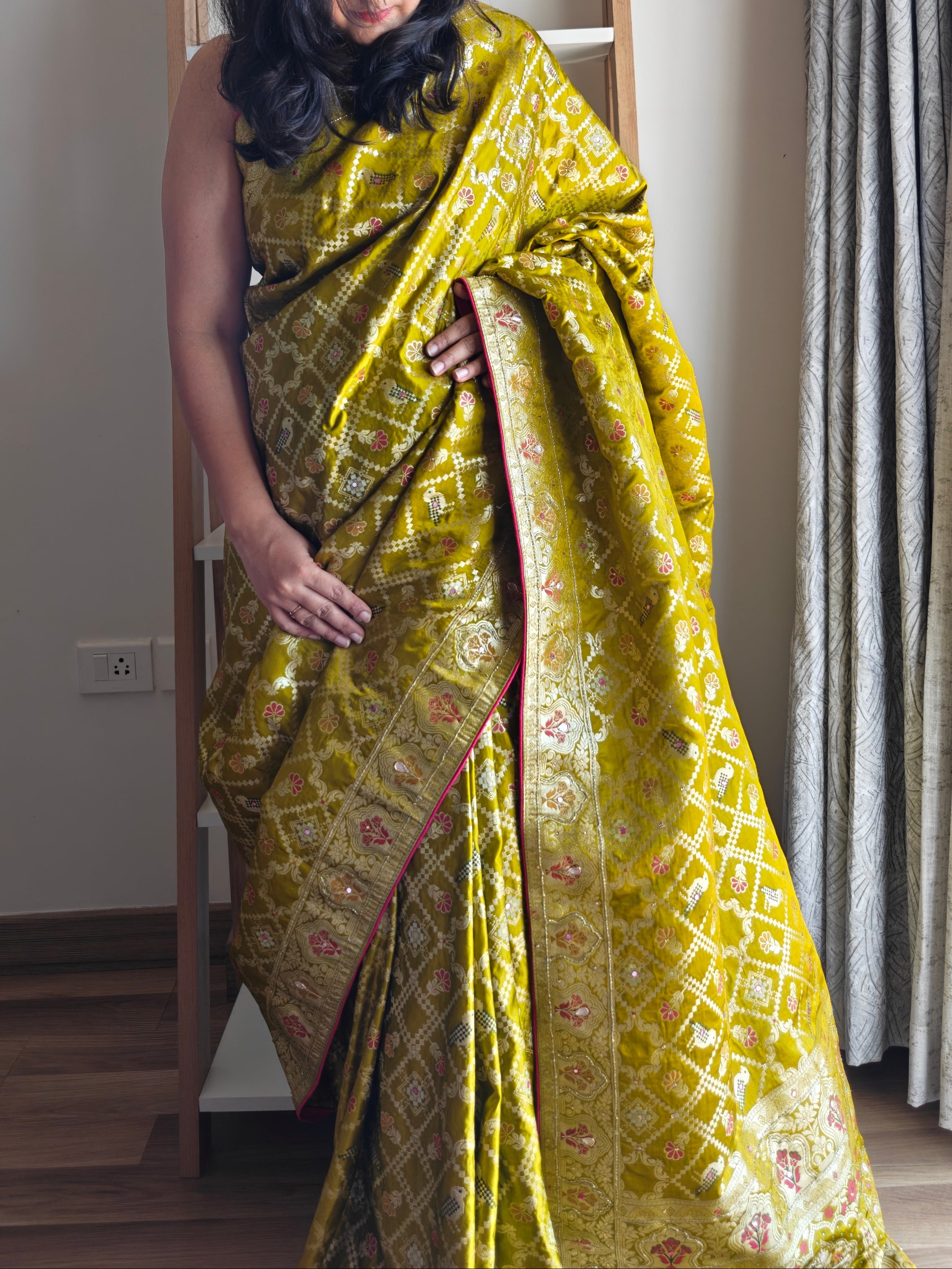 Royal Parrot Green Silk Bandhani Saree with Meenakari Birds, Gota Patti & Swarovski Embellishments