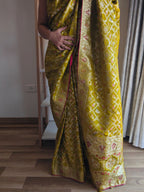Royal Parrot Green Silk Bandhani Saree with Meenakari Birds, Gota Patti & Swarovski Embellishments