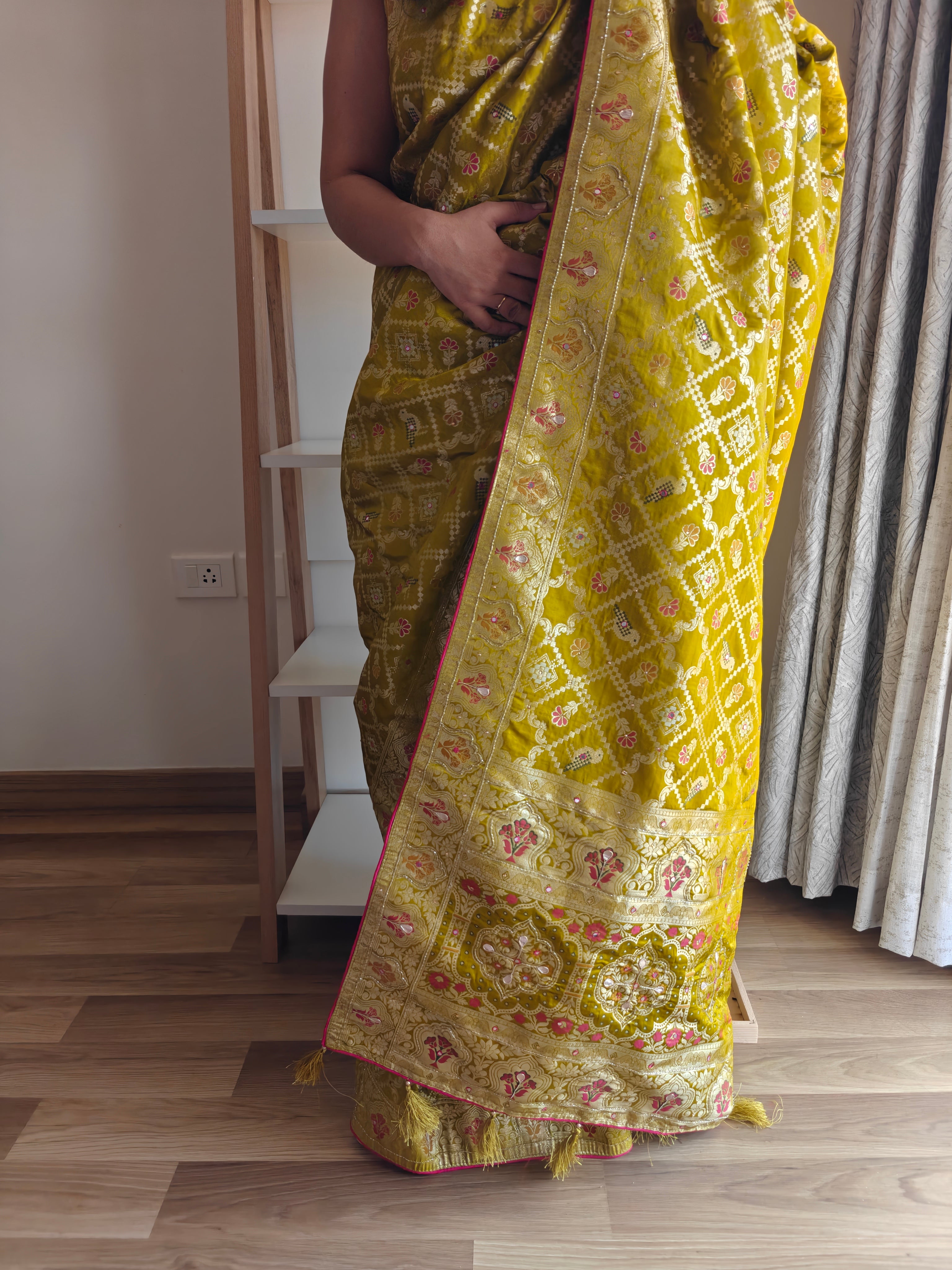Royal Parrot Green Silk Bandhani Saree with Meenakari Birds, Gota Patti & Swarovski Embellishments