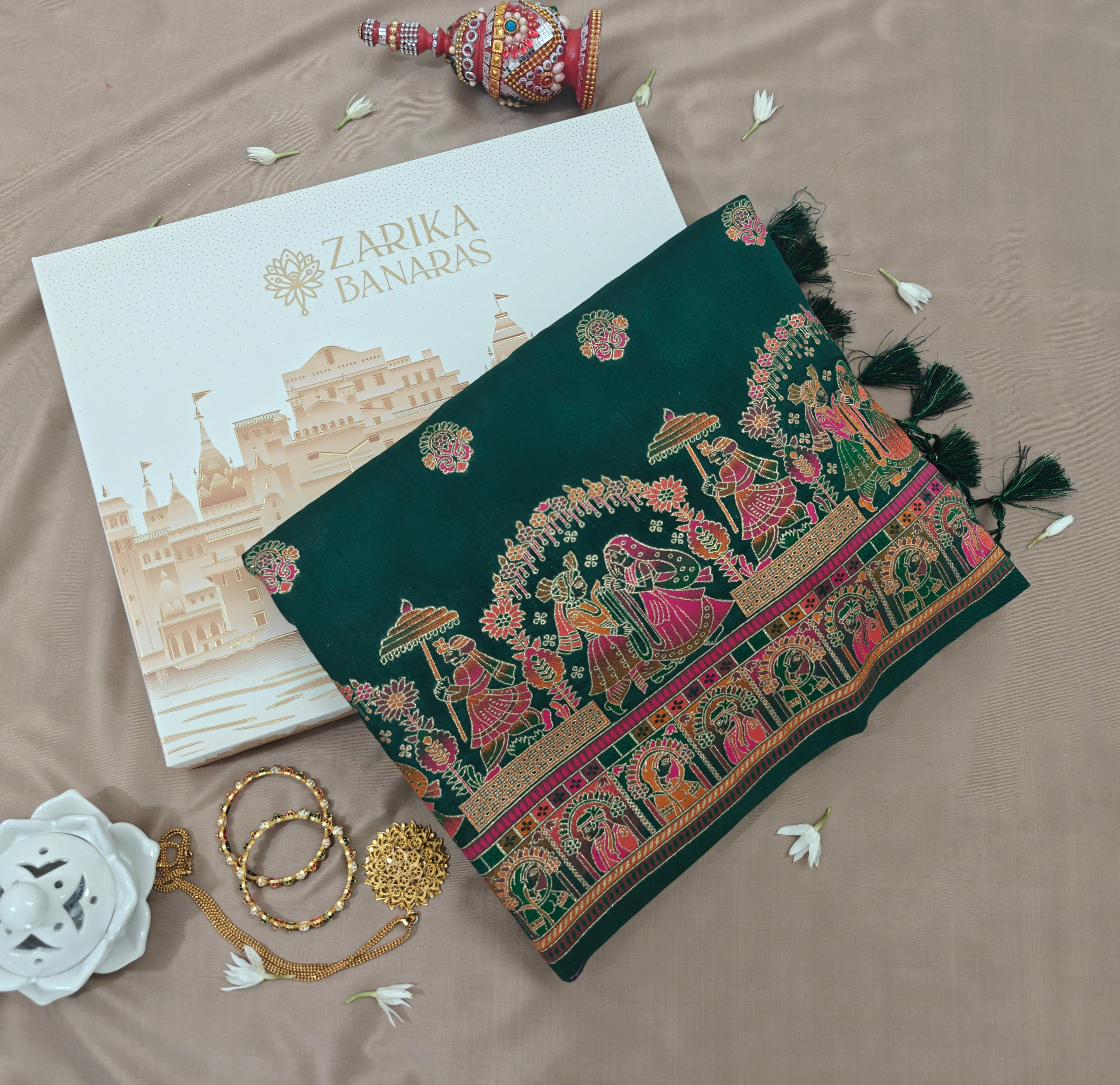 Dark Green Saree with Pashmina Resham Work