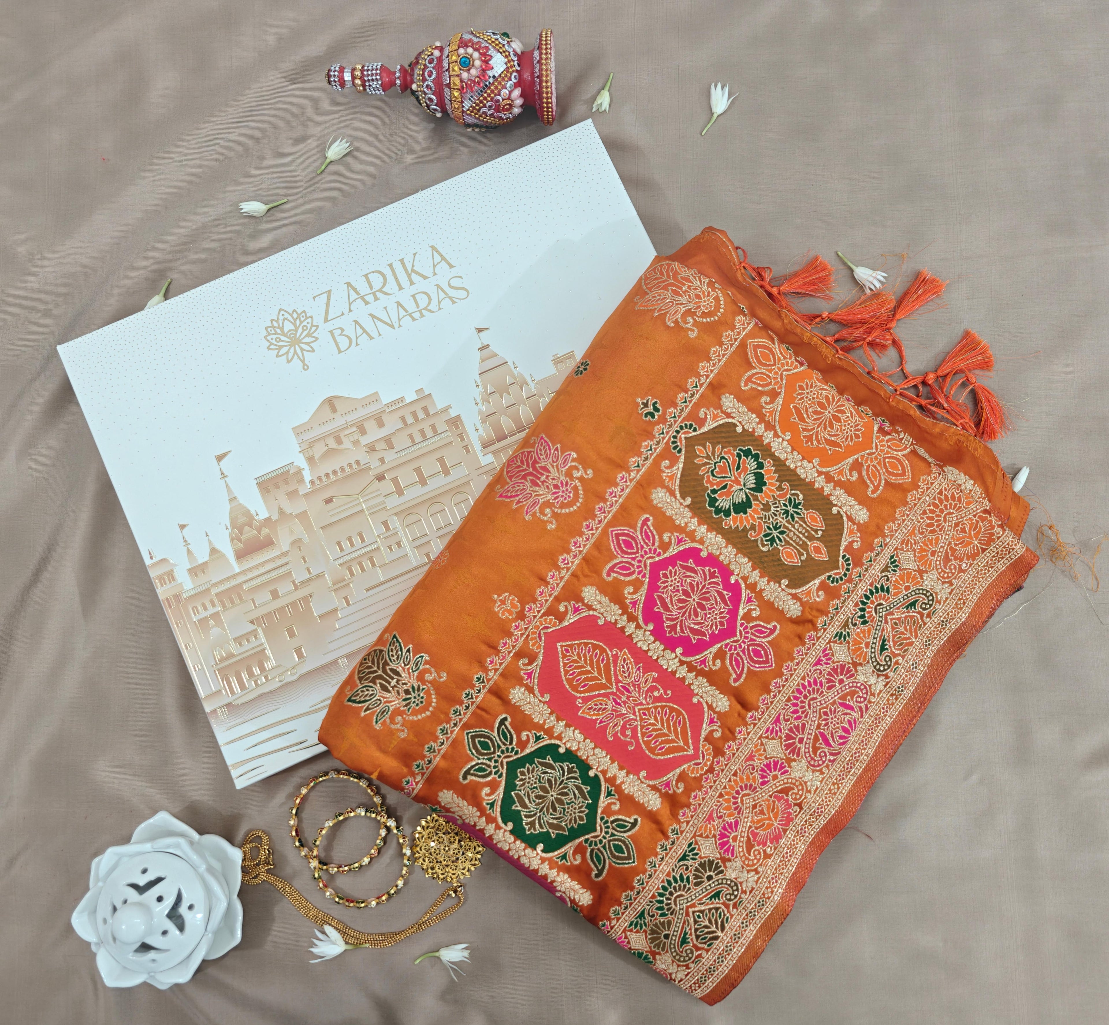 Orange Pashmina Saree with Resham Work