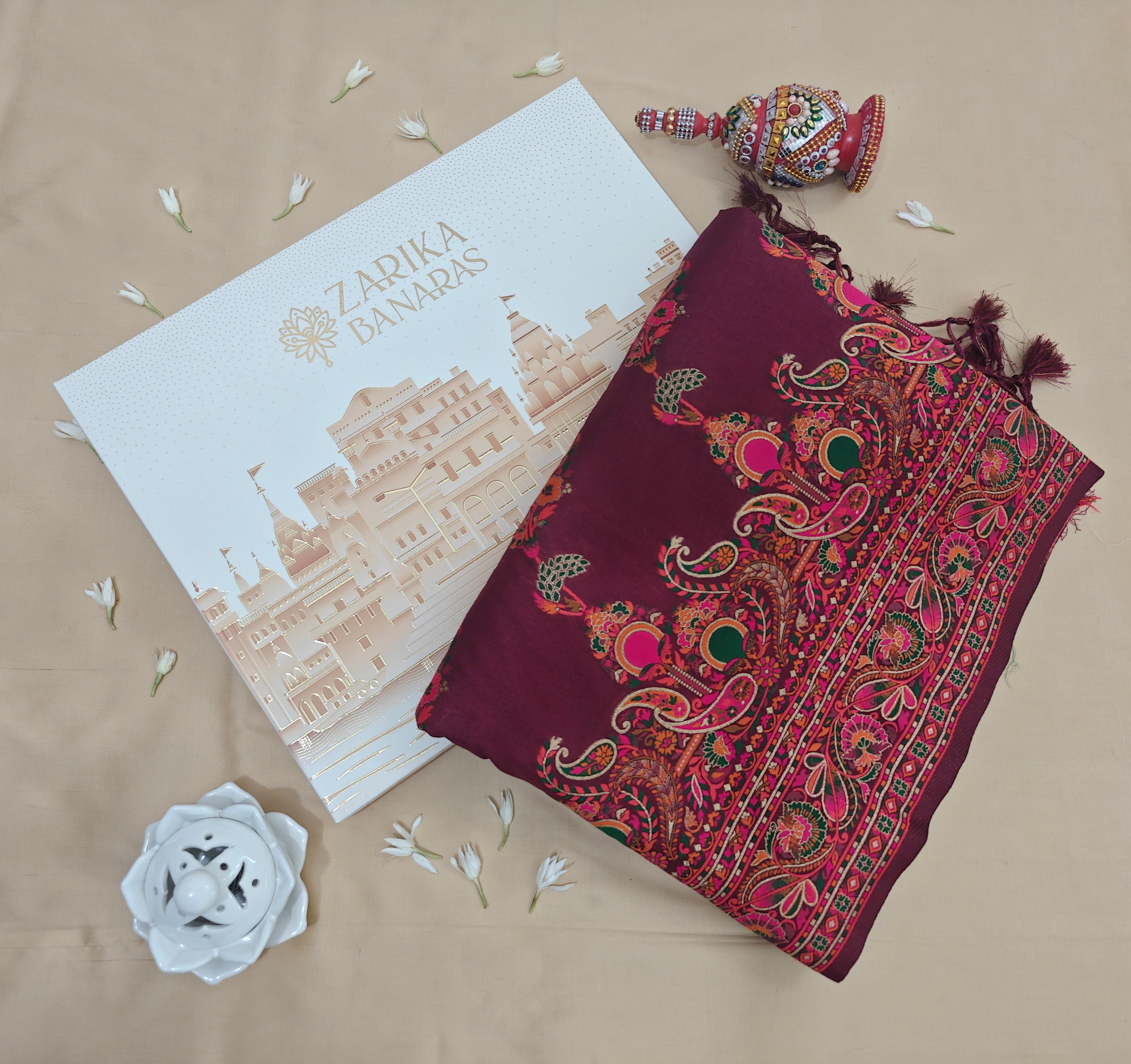 Wine Pashmina Saree with Resham Work