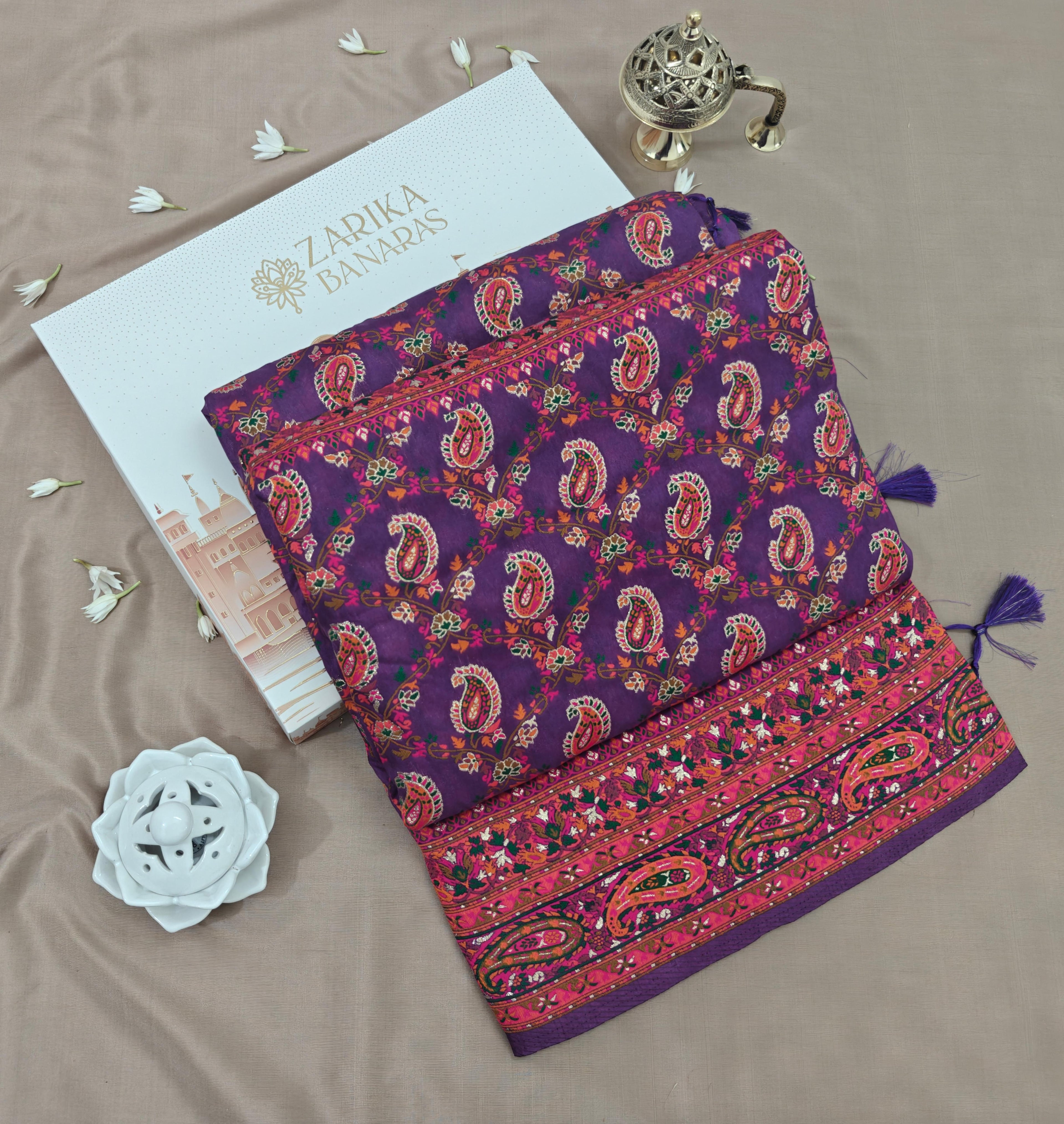 Banarasi Silk Purple Saree with Aambi Design