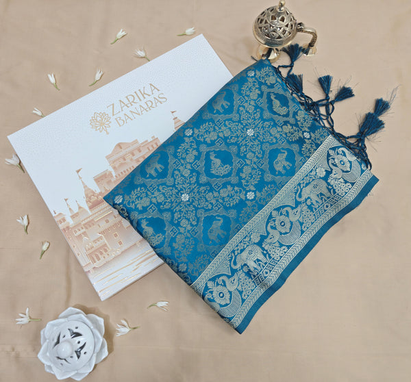 Banarasi Mashru Silk German Blue Saree with Elephant & Peacock Motifs
