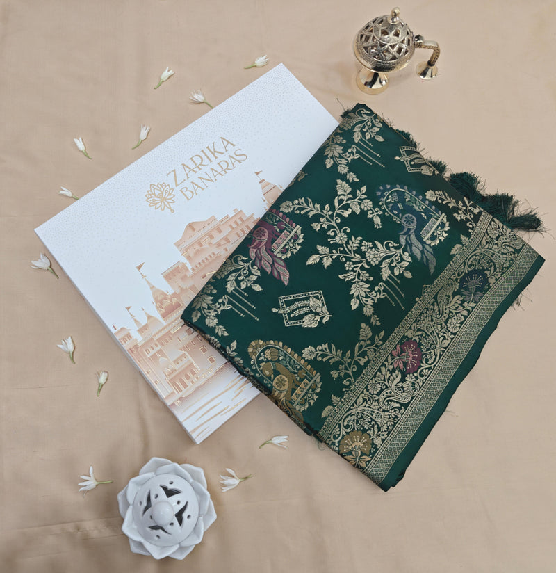 Dark Green Banarasi Silk Peacock Motifs