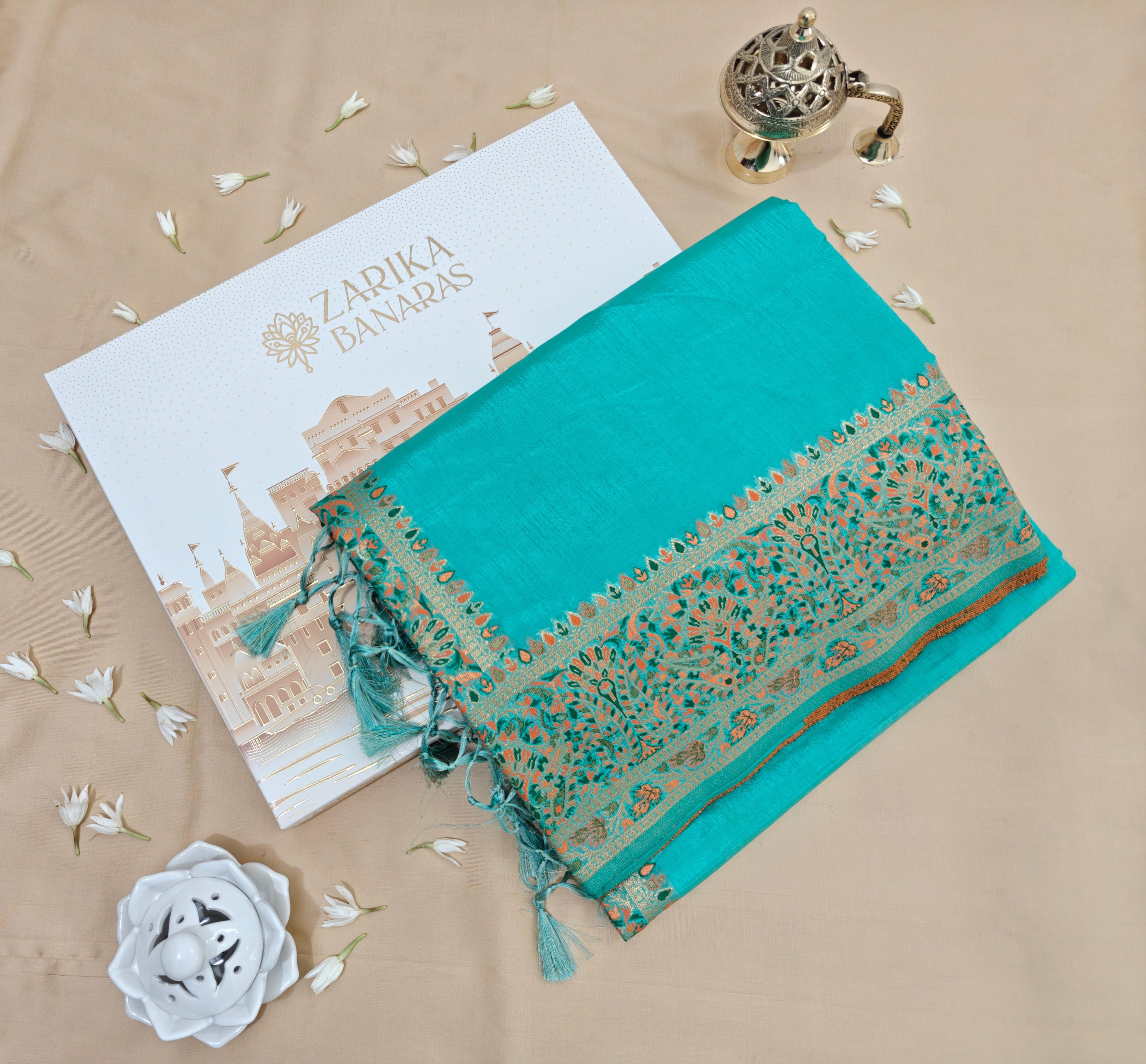 Aqua Blue Raw Silk Saree with Pashmina Work and Meenakari Border