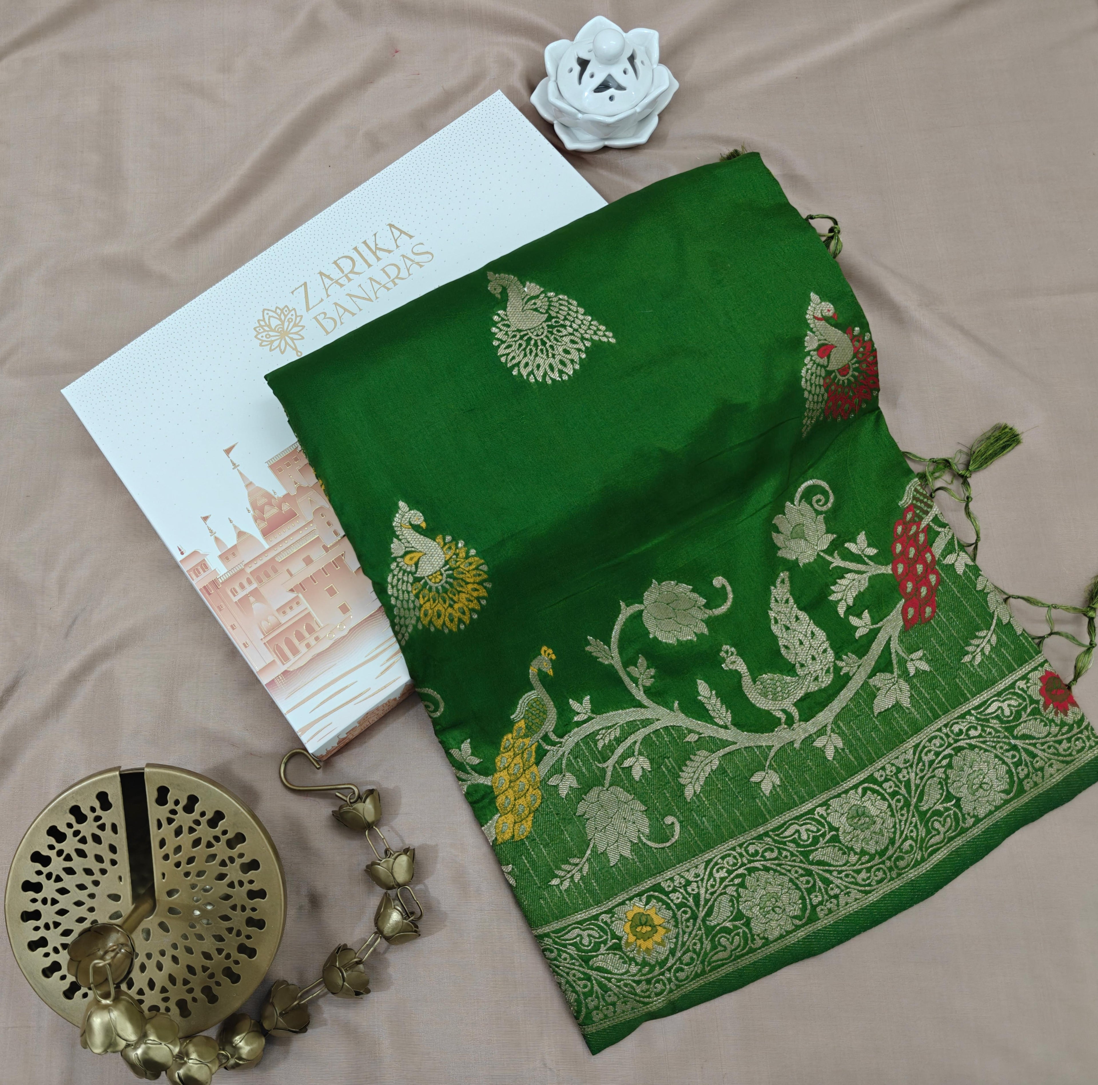 Green Banarasi Silk Saree with Peacock Design