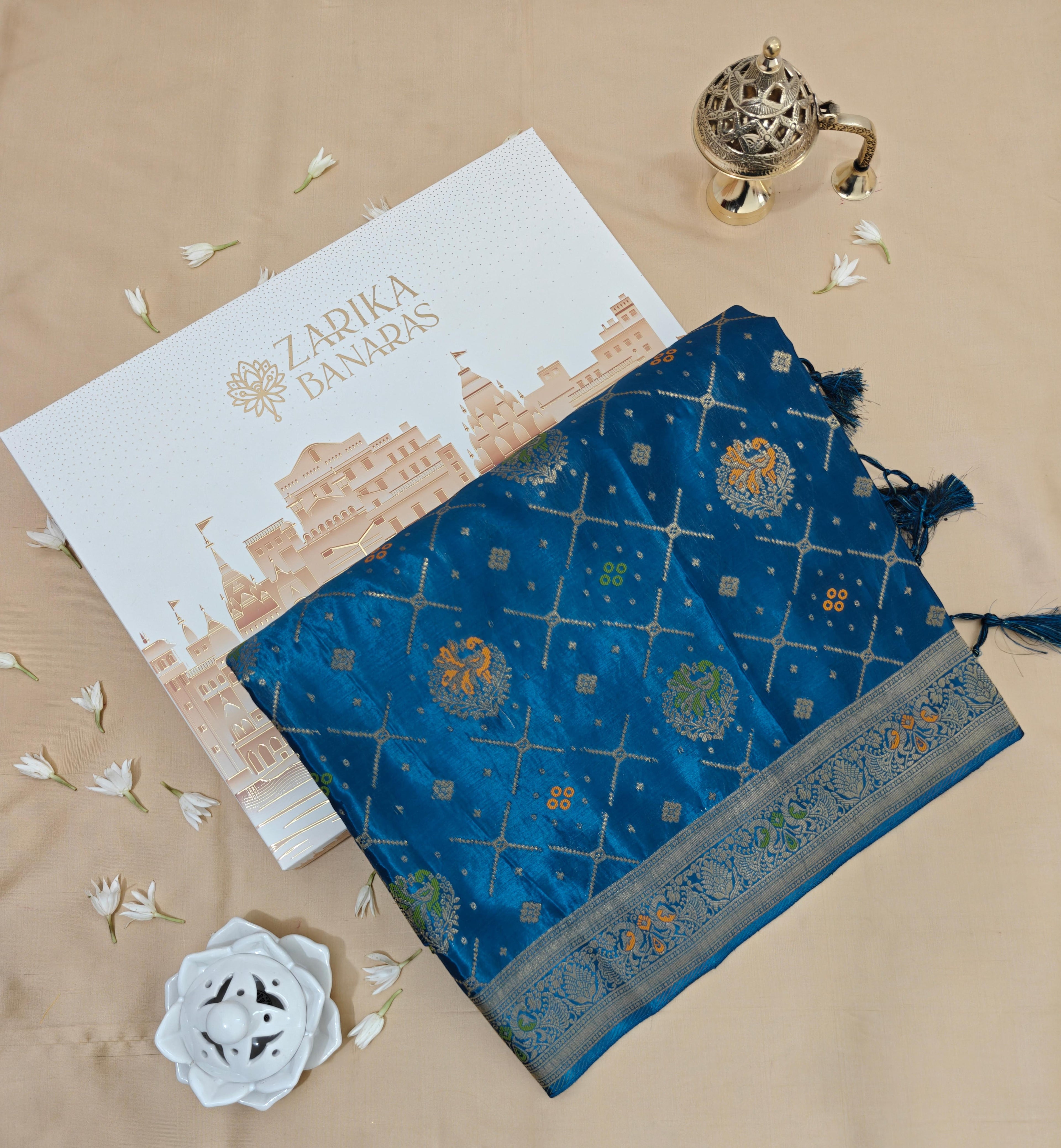 German Blue Designer Saree with Bandhej Design