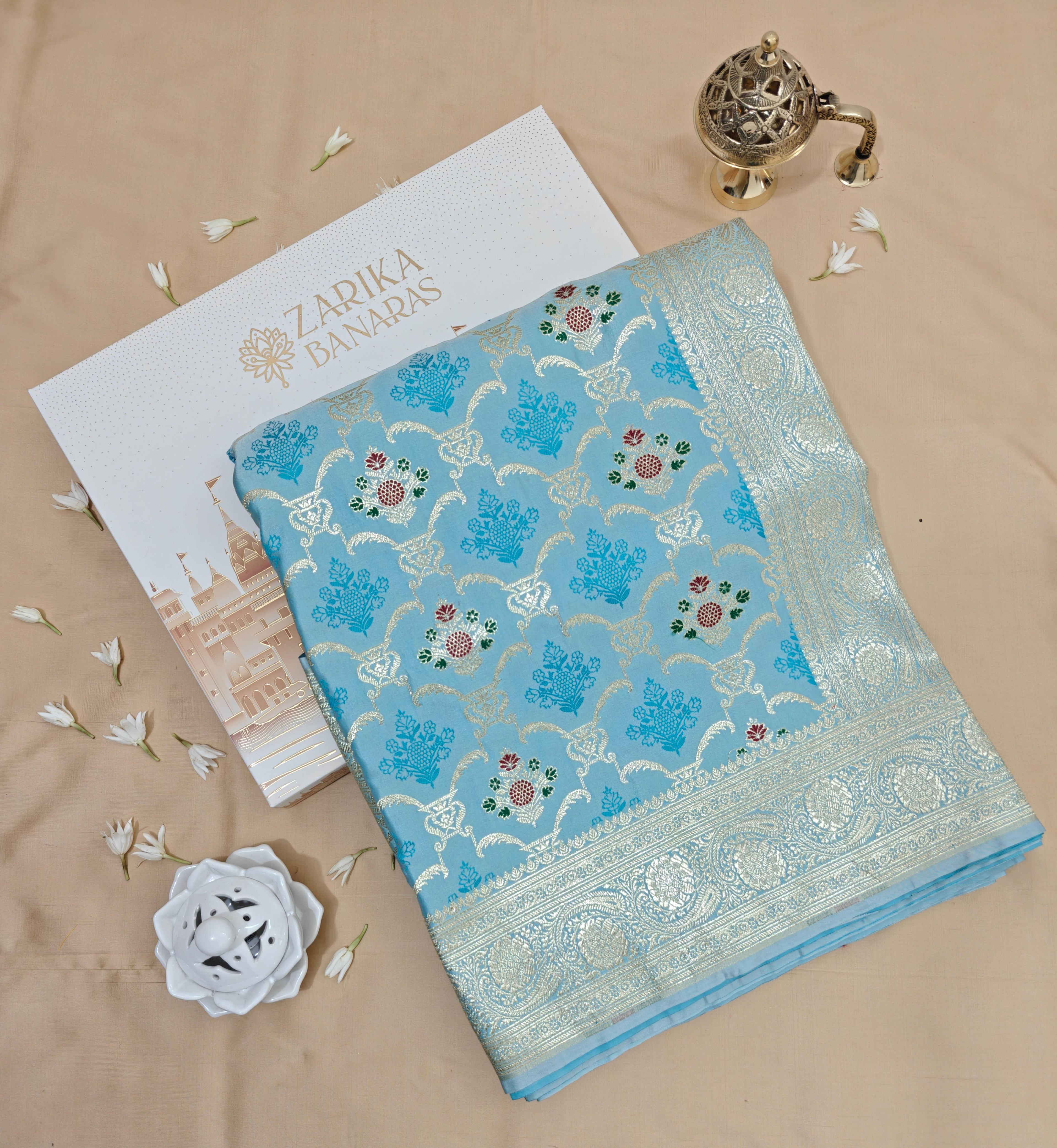 Ice Blue Katan Silk Tanchoi Saree with Zari Meenakari