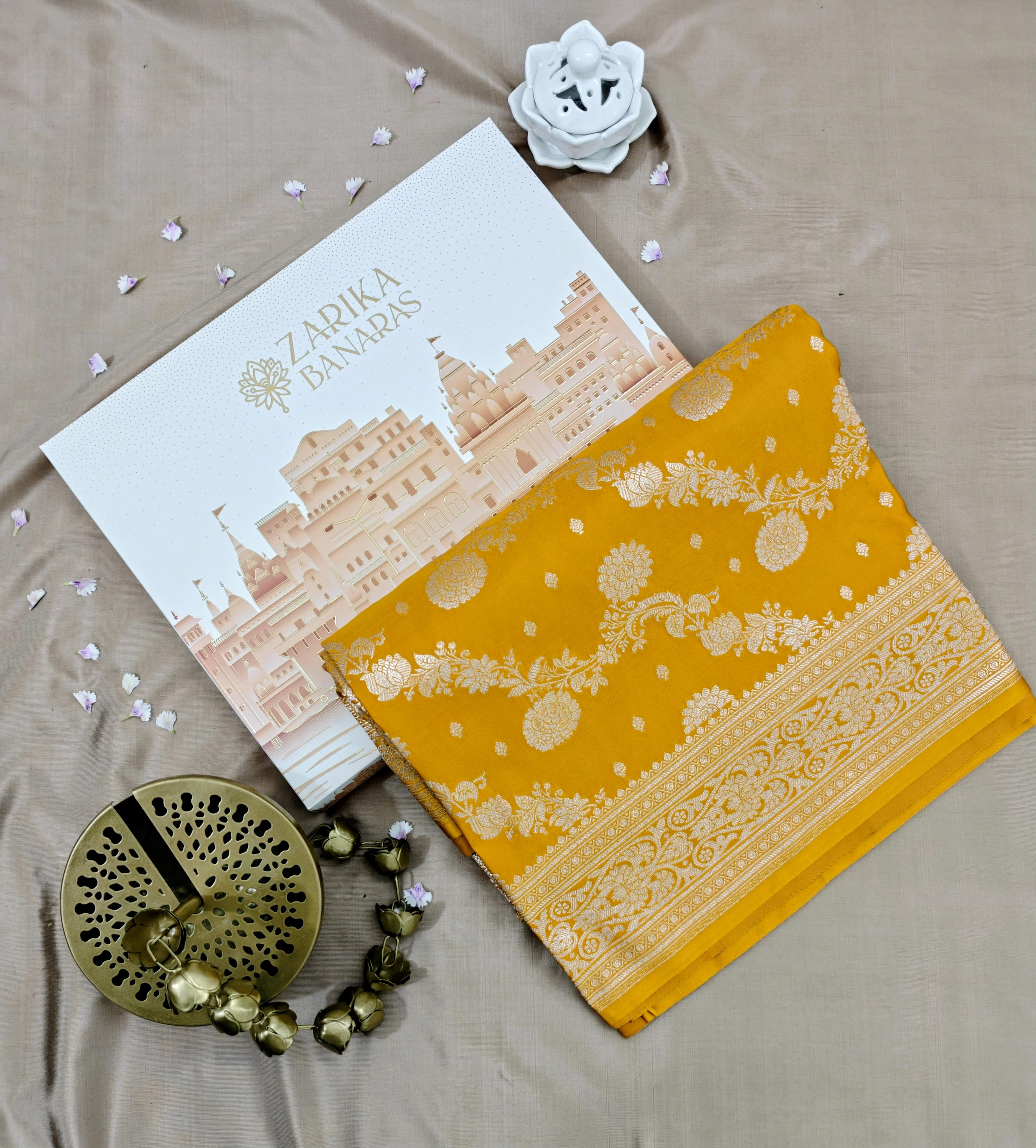 Mustard Silk Saree with All-Over Jal Work