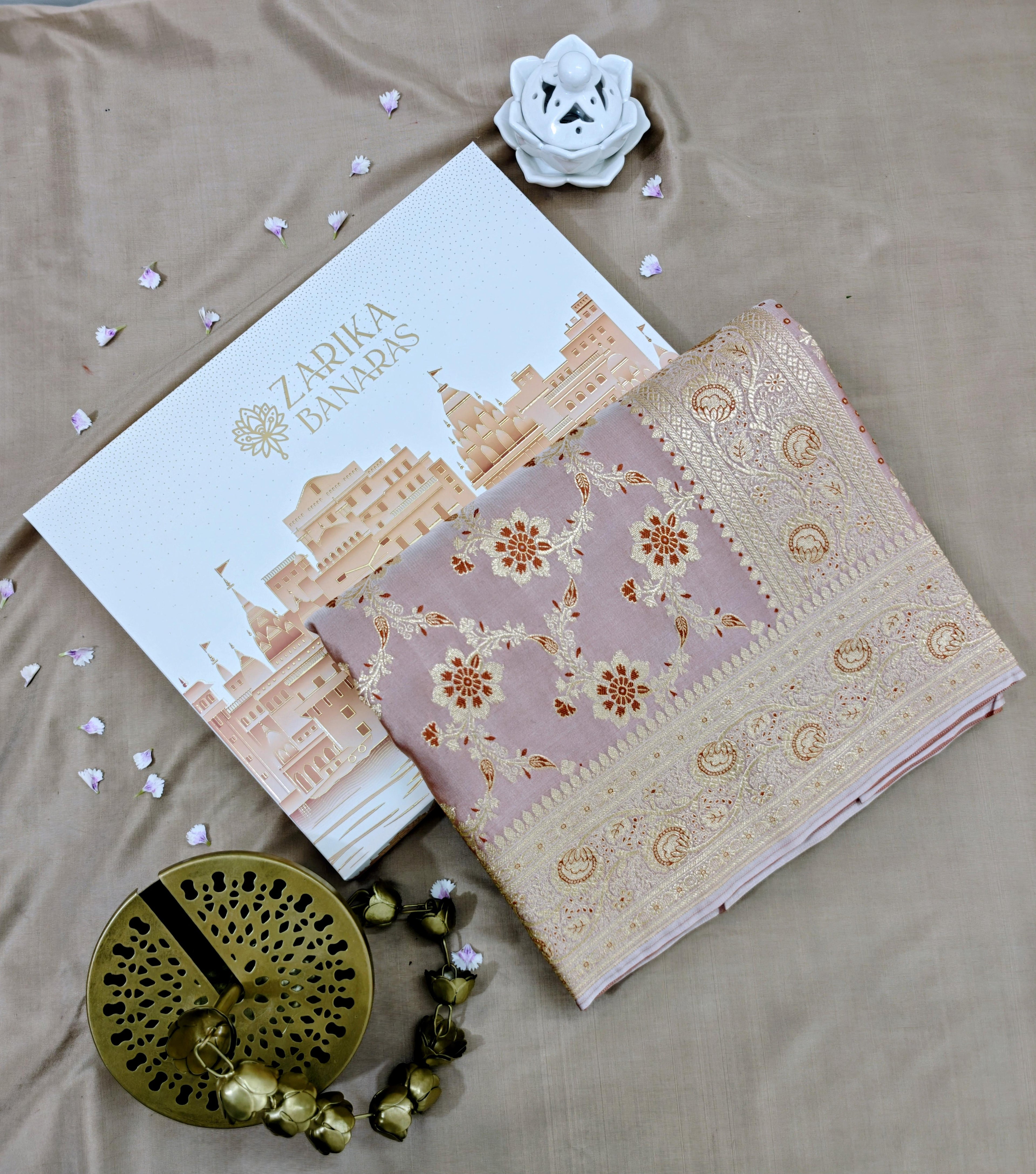 Baby Pink Silk Saree with Dark Floral Jaal