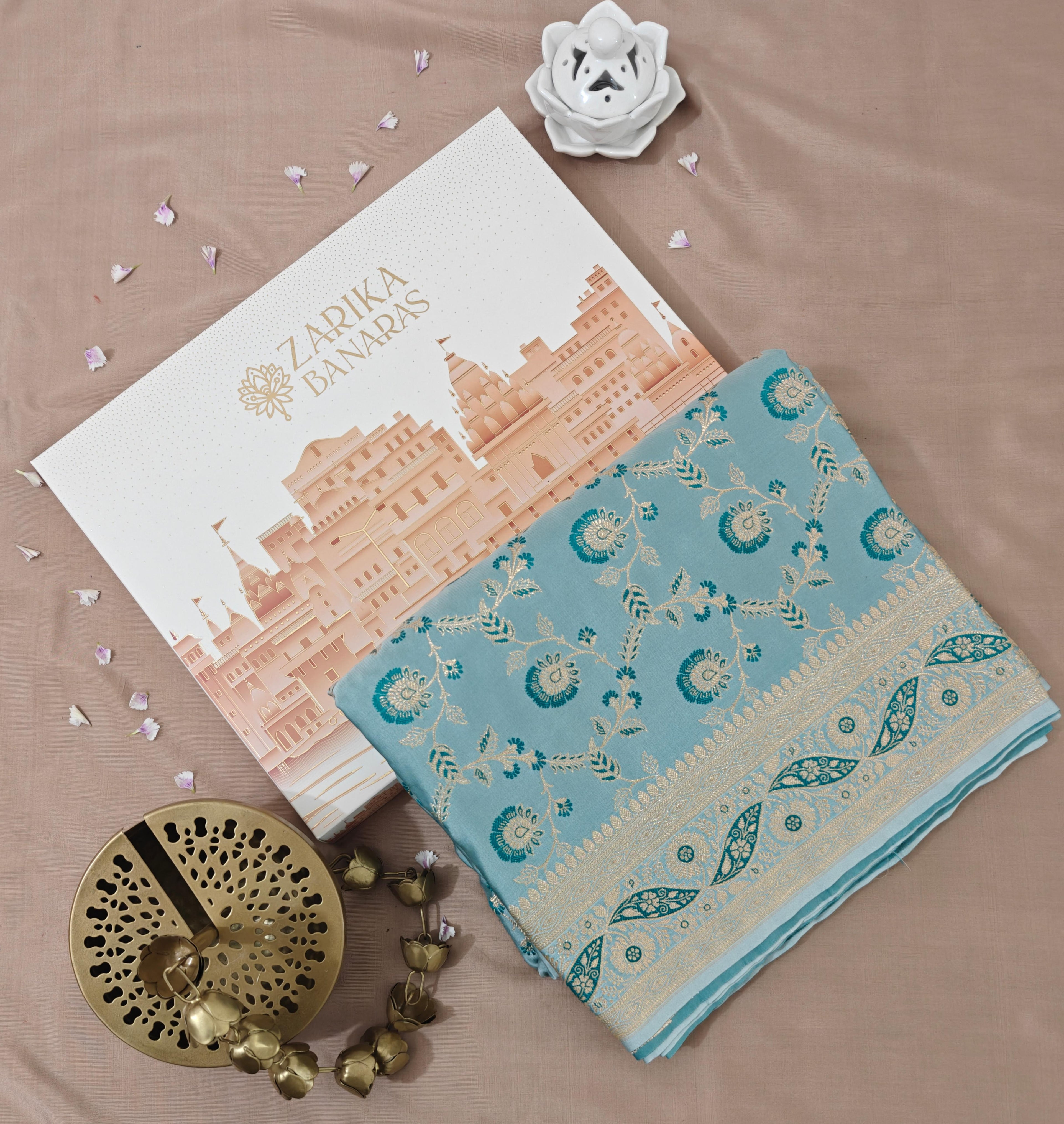 Light Ferozi silk Saree with Dark Ferozi Floral Jaal