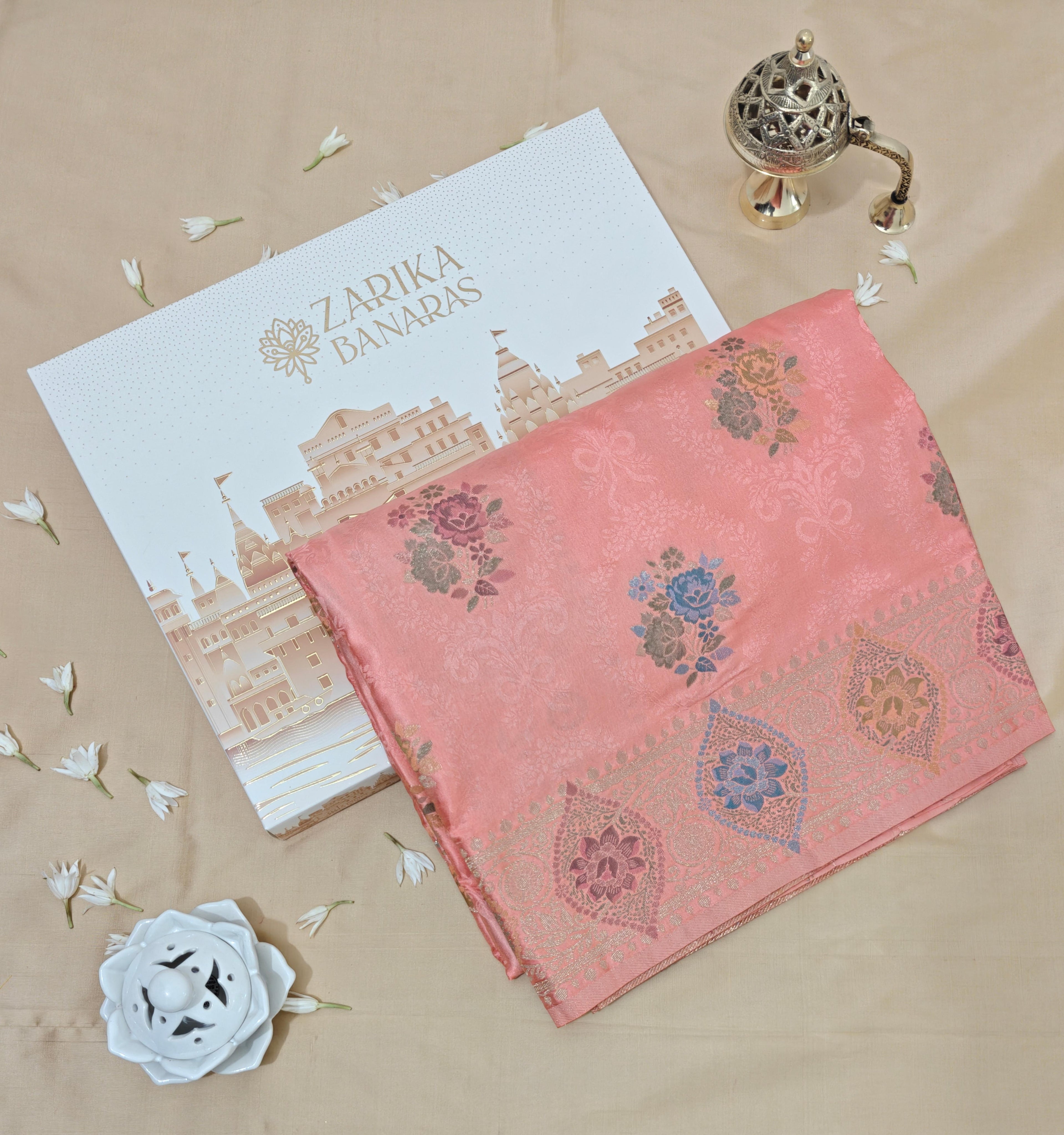 Peach Banarasi Silk Tanchoi Meenakari Saree