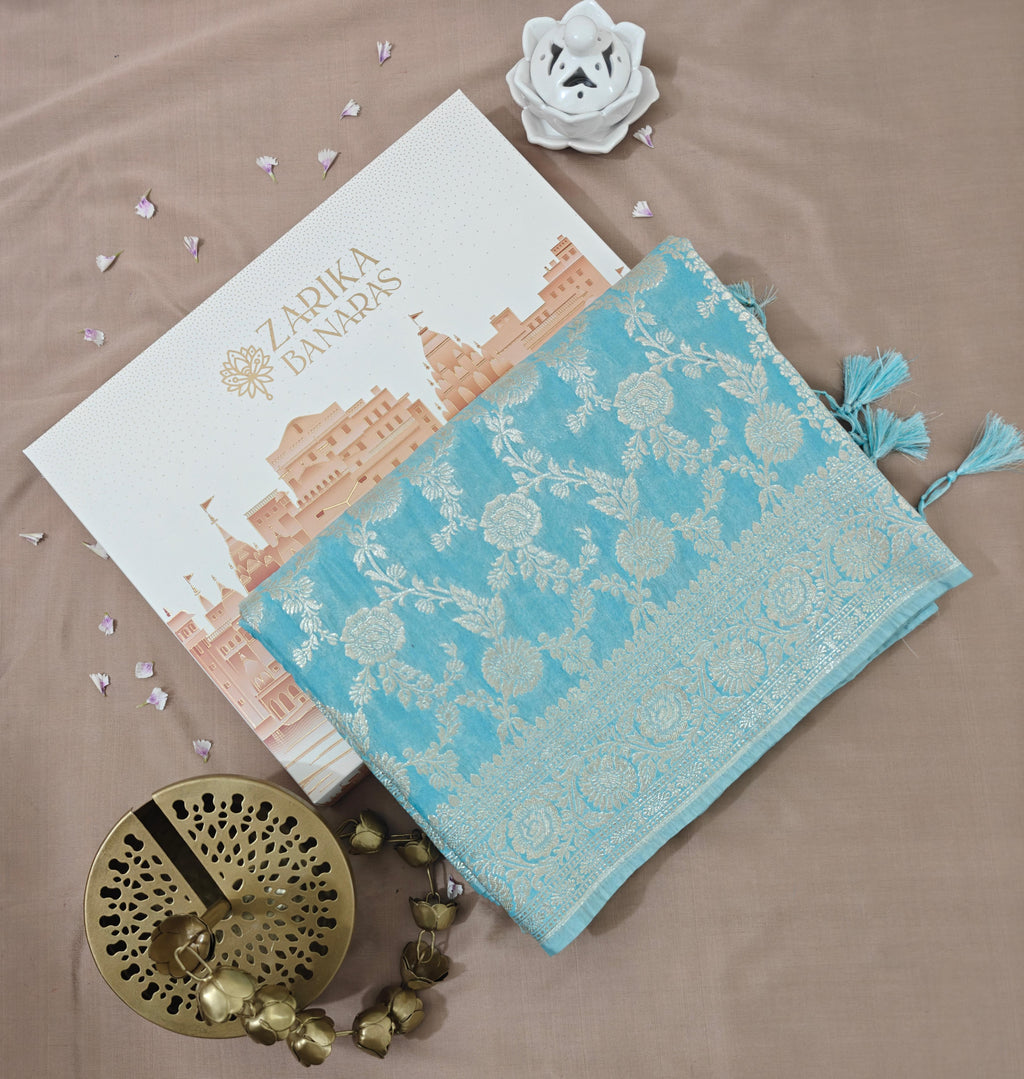 Ice Blue Jaal Katan Silk Saree