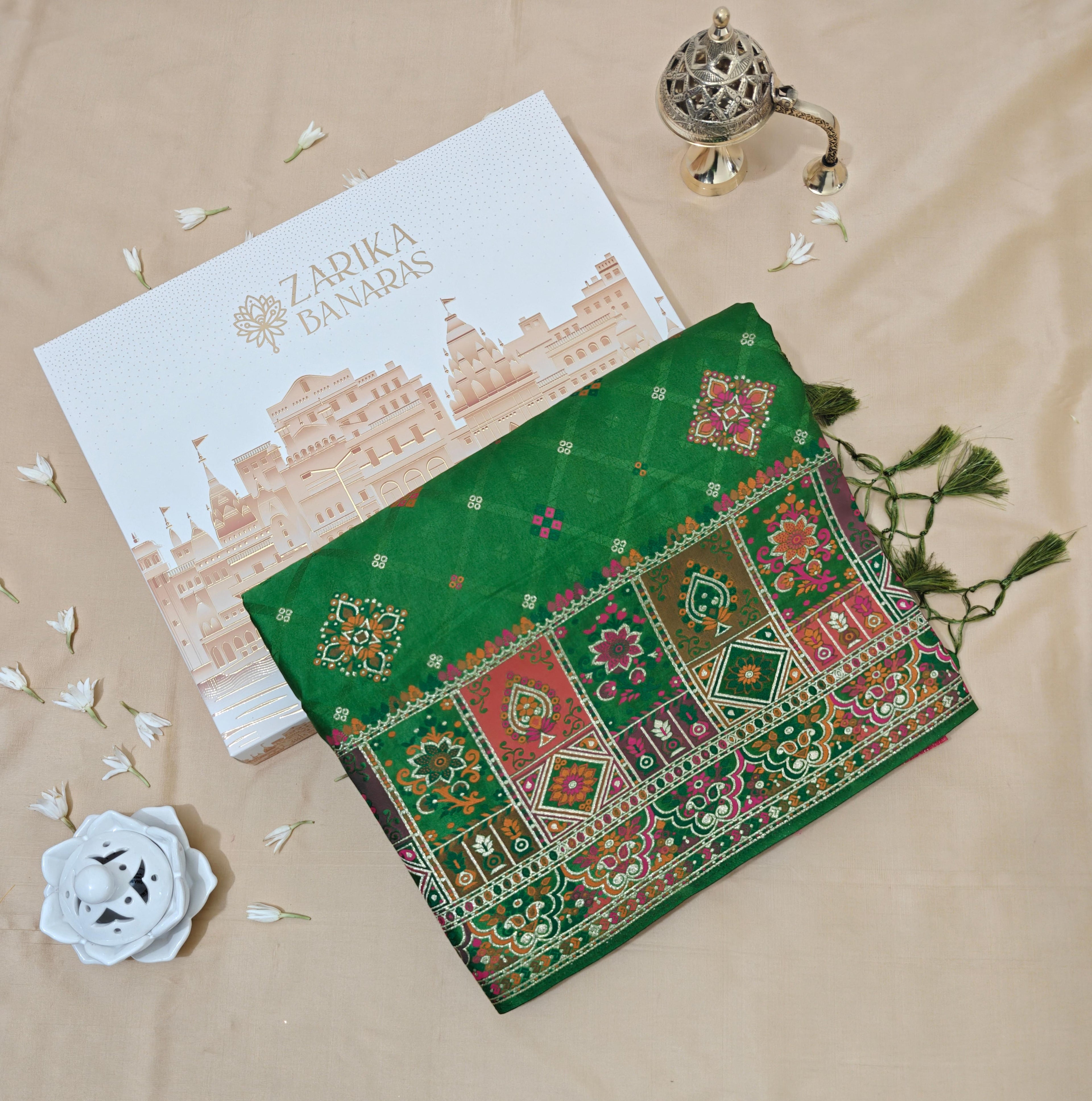 Green Pashmina Saree with unique Border & Resham Work