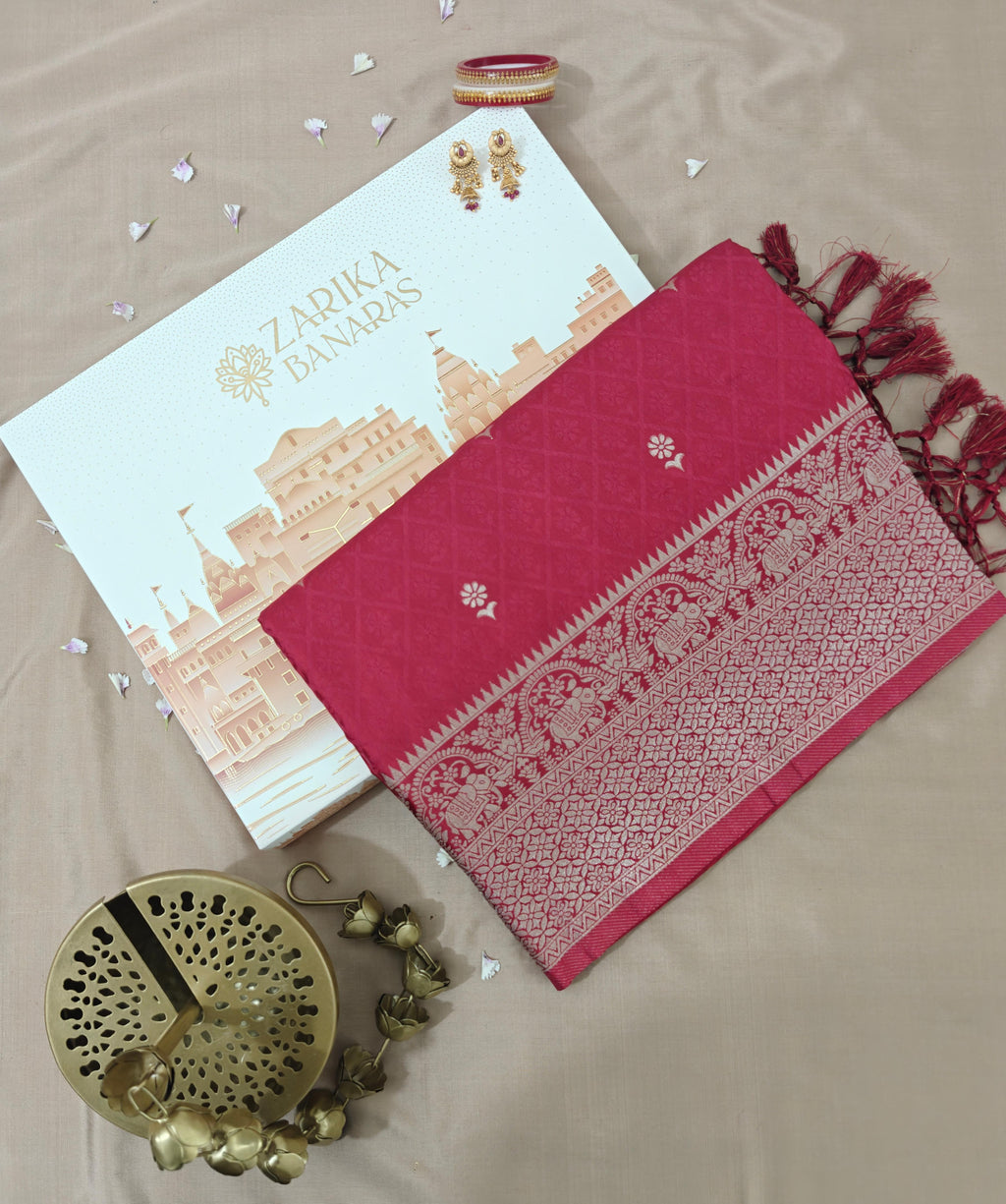 Red Banarasi Silk Tanchoi Saree with Elephant Border