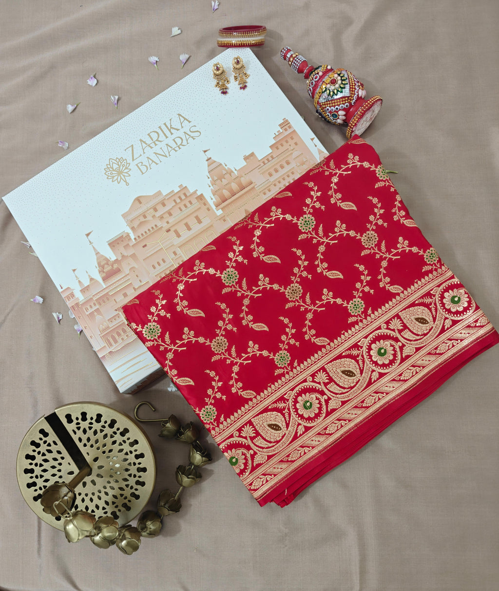 Red banarasi Katan with Meenakari Booti