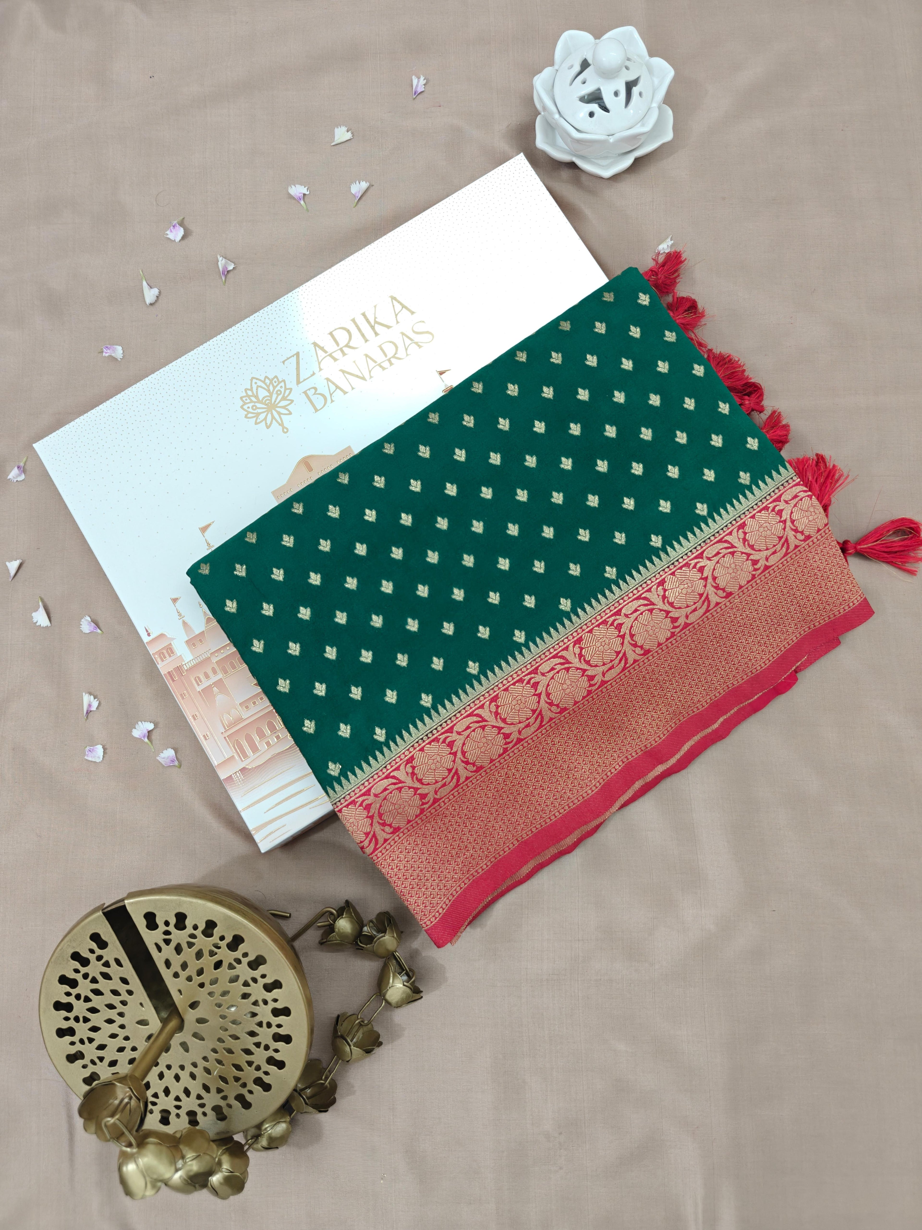 Green & Red Georgette Saree with Booti Work – Classic Banarasi Design