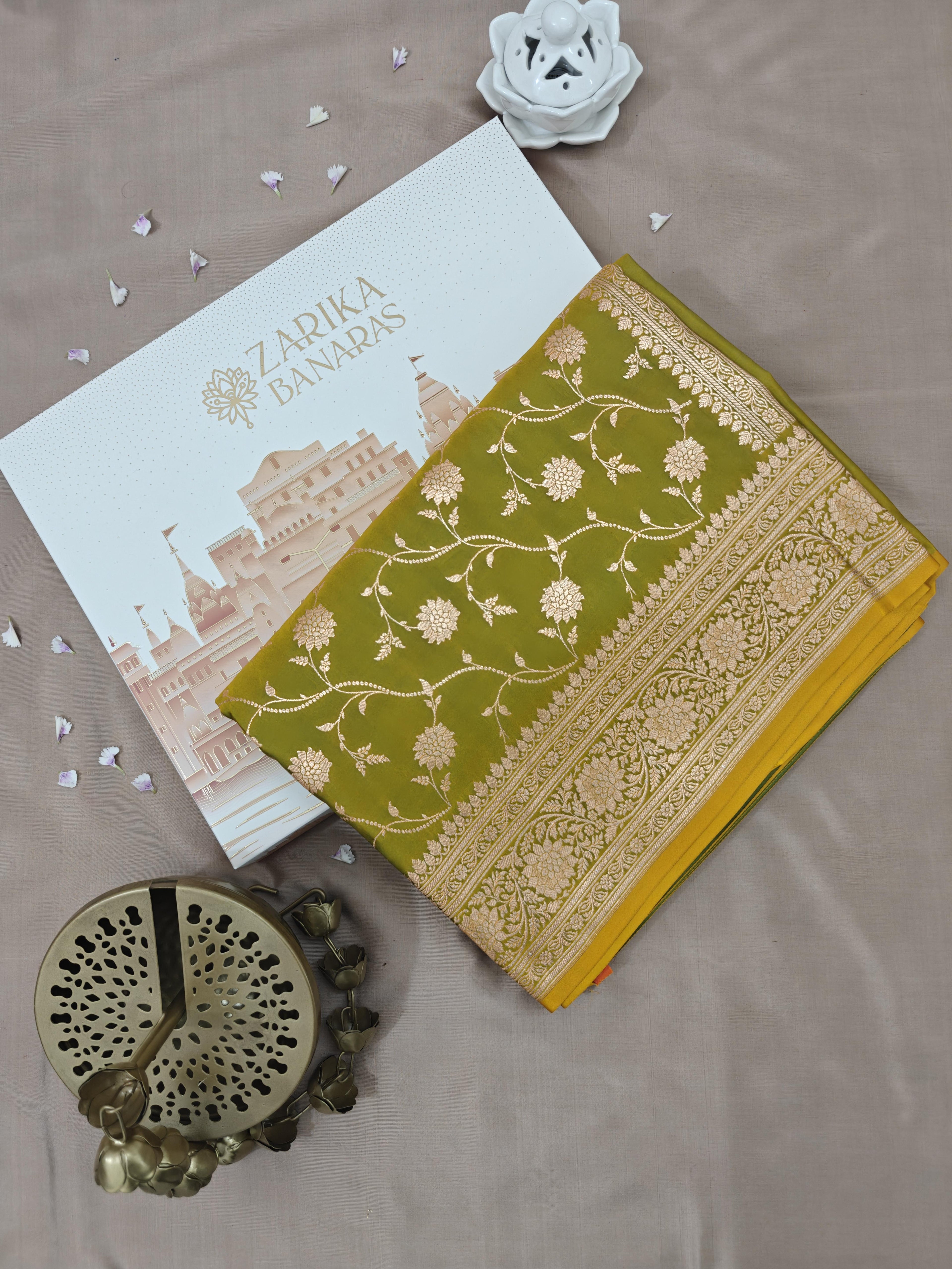 Parrot Green Silk Saree with Full Jaal Work