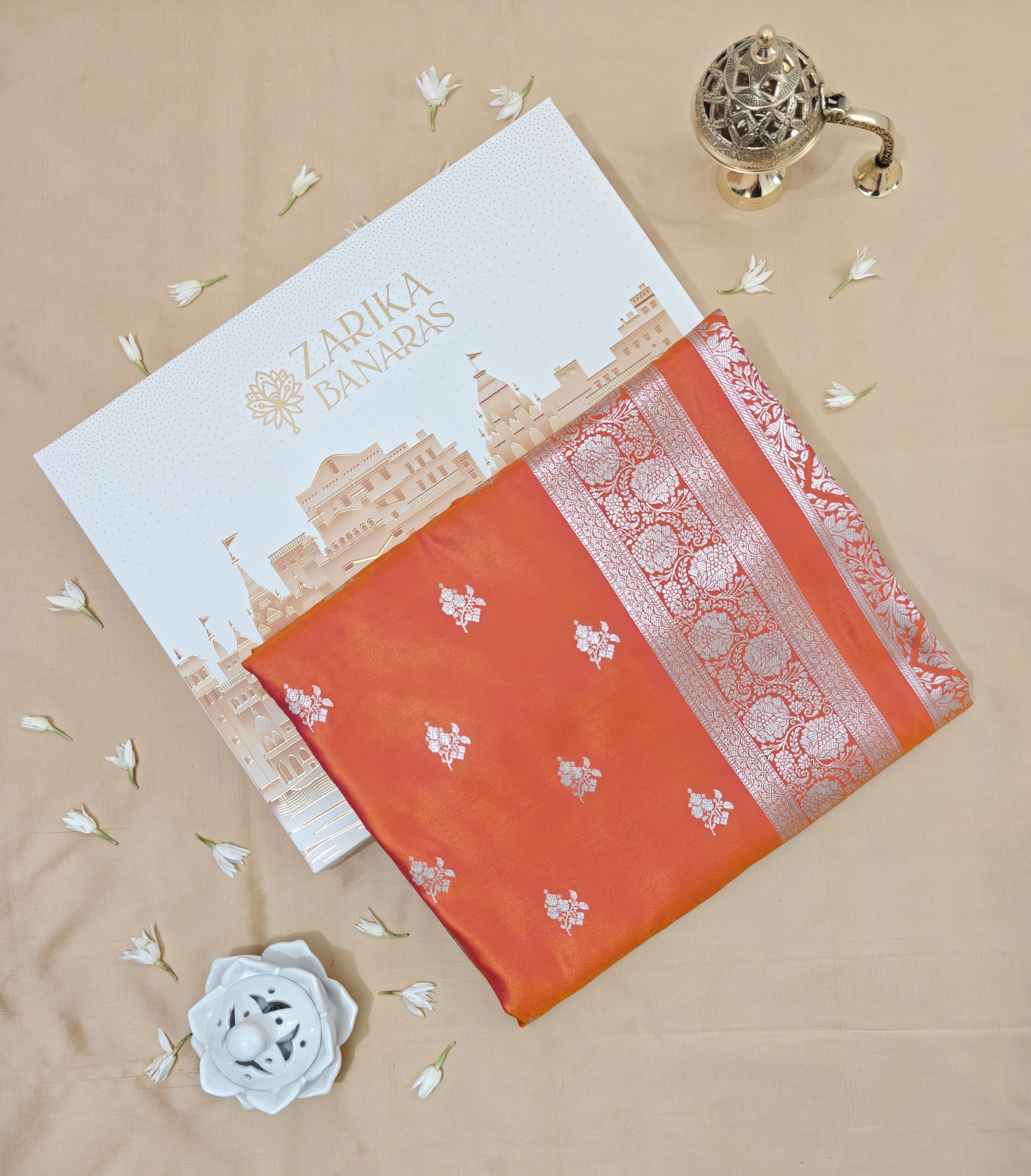 Royal Orange Silk Saree with Silver Meenakari Booti & Rich Pallu