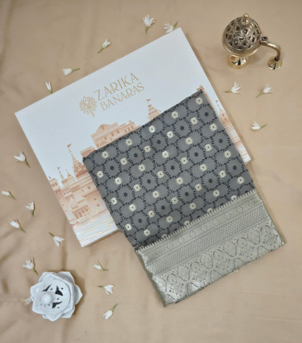 Grey Premium Banarasi Saree with Silver Zari Elegance