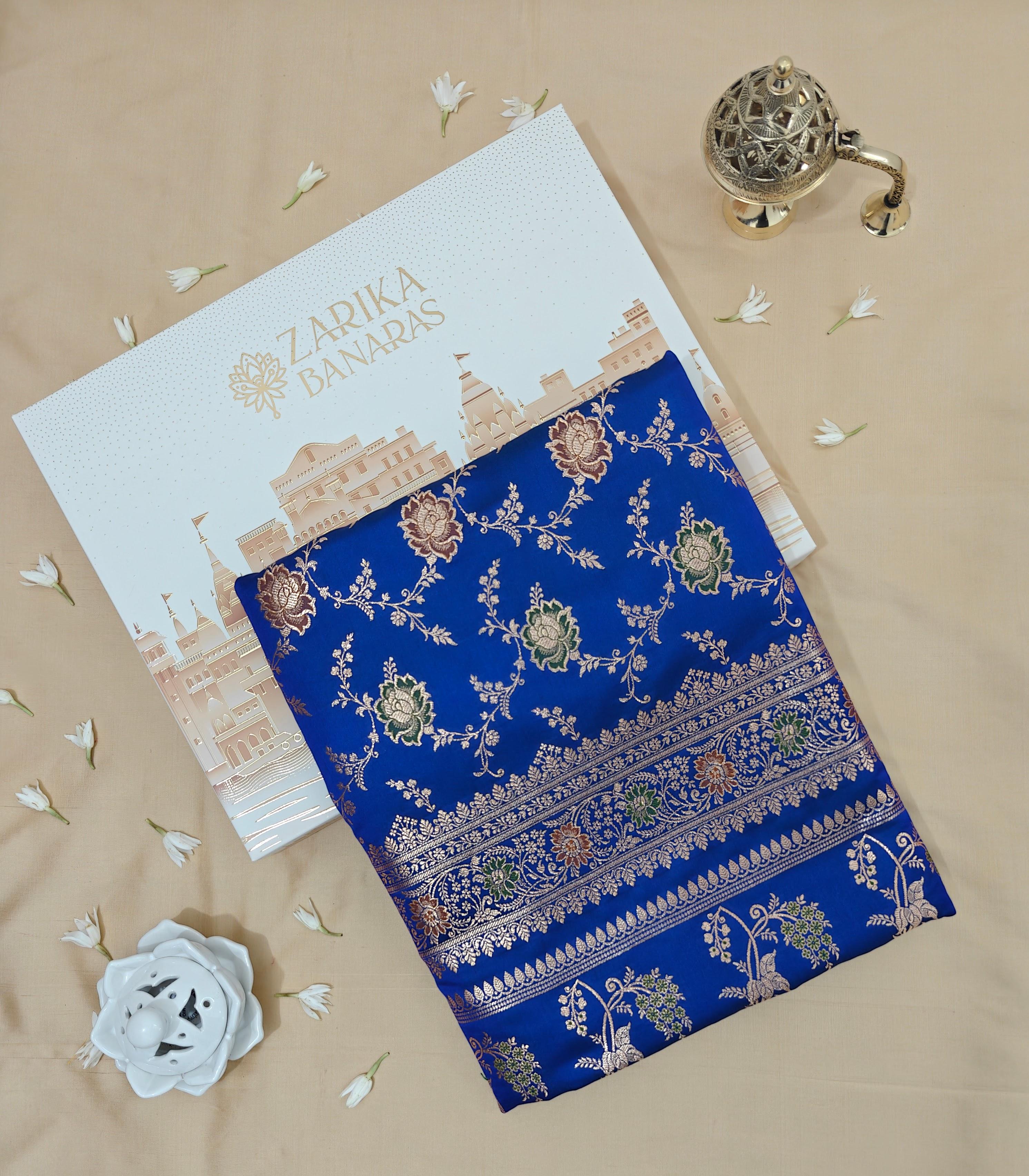 Royal Blue Katan Silk Saree with Multicolor Meena & Jaal