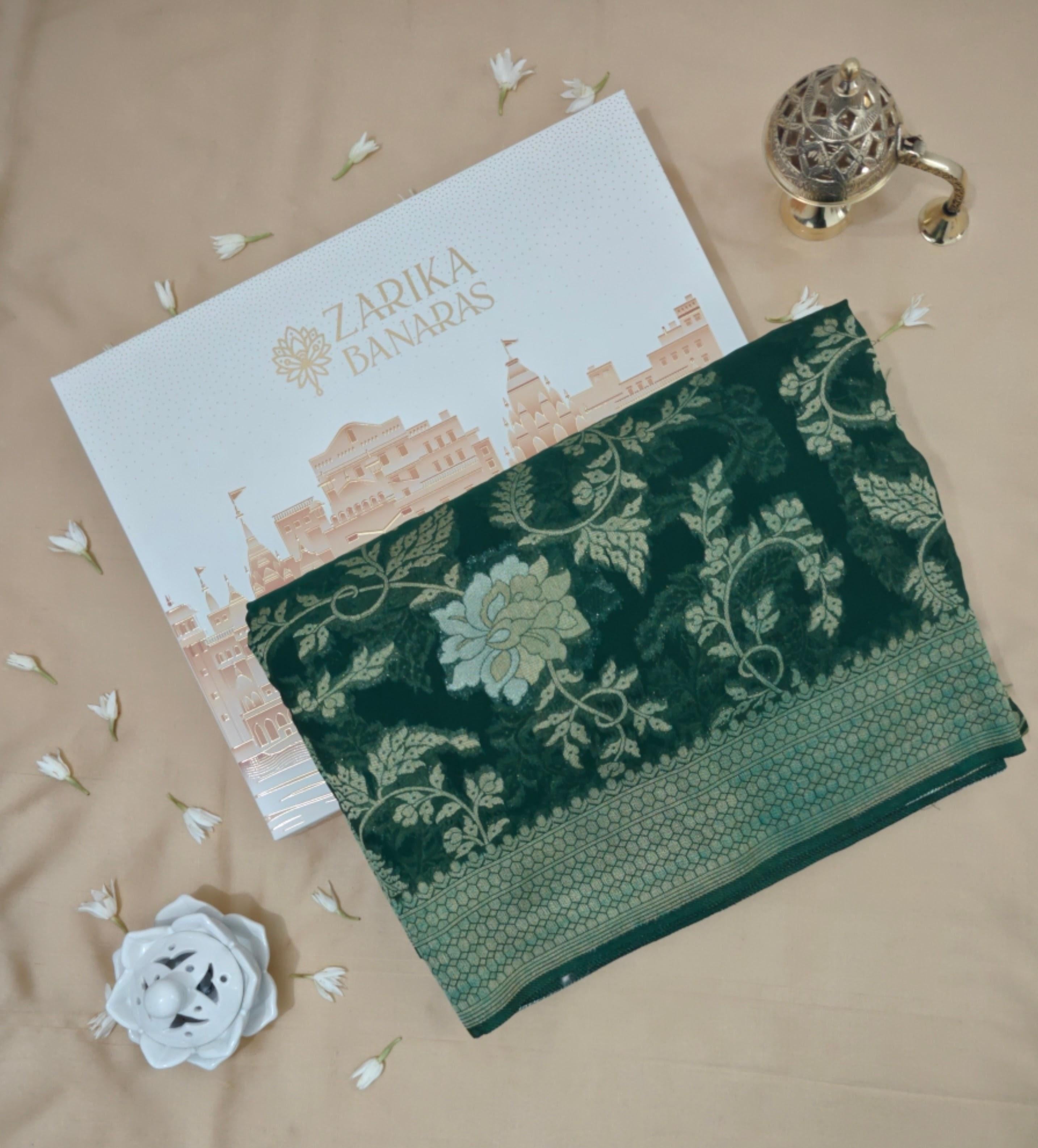 Dark Green Georgette Saree with Floral Jaal Work