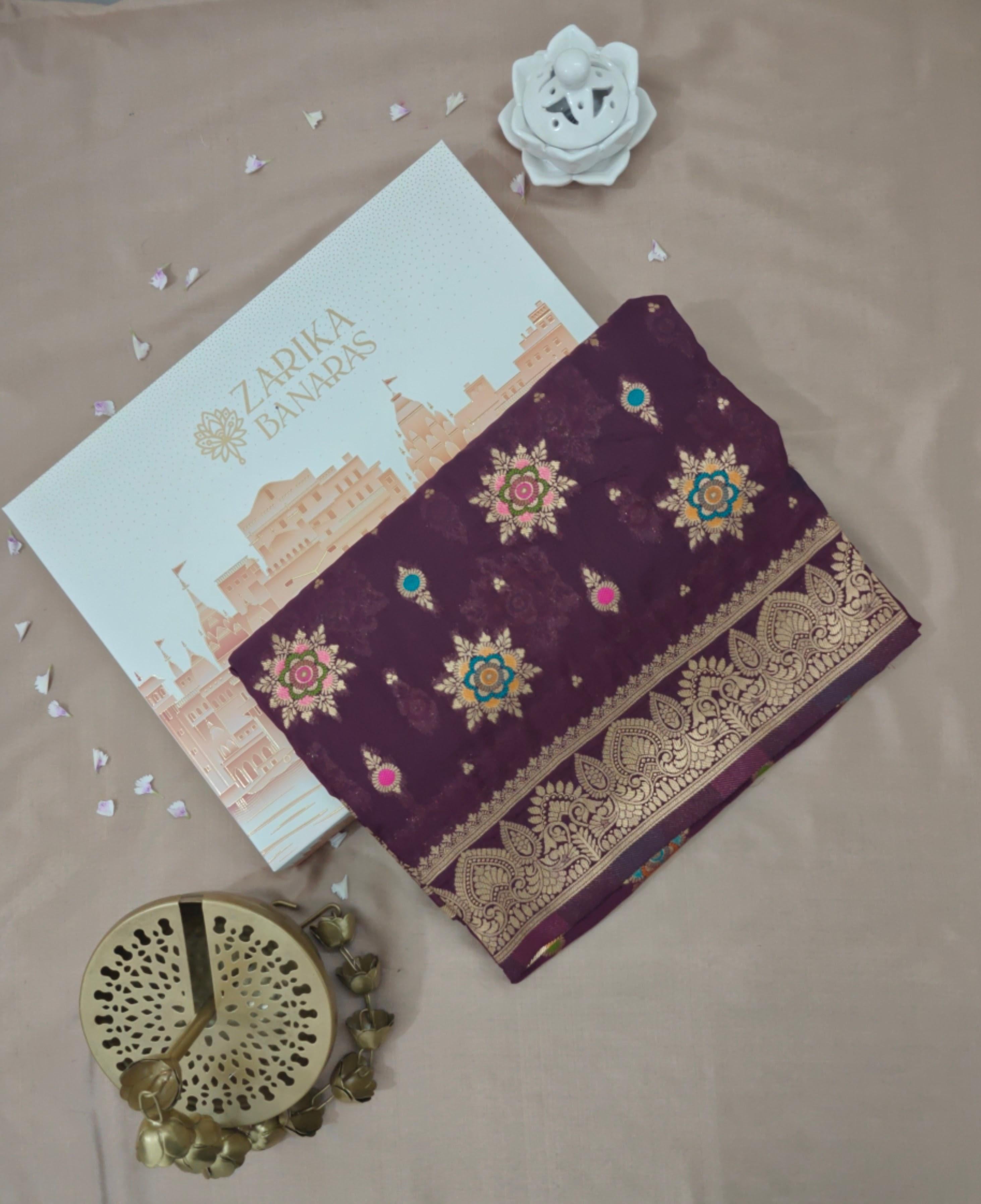 Coke Color Georgette Saree with Multicolor Meena Work