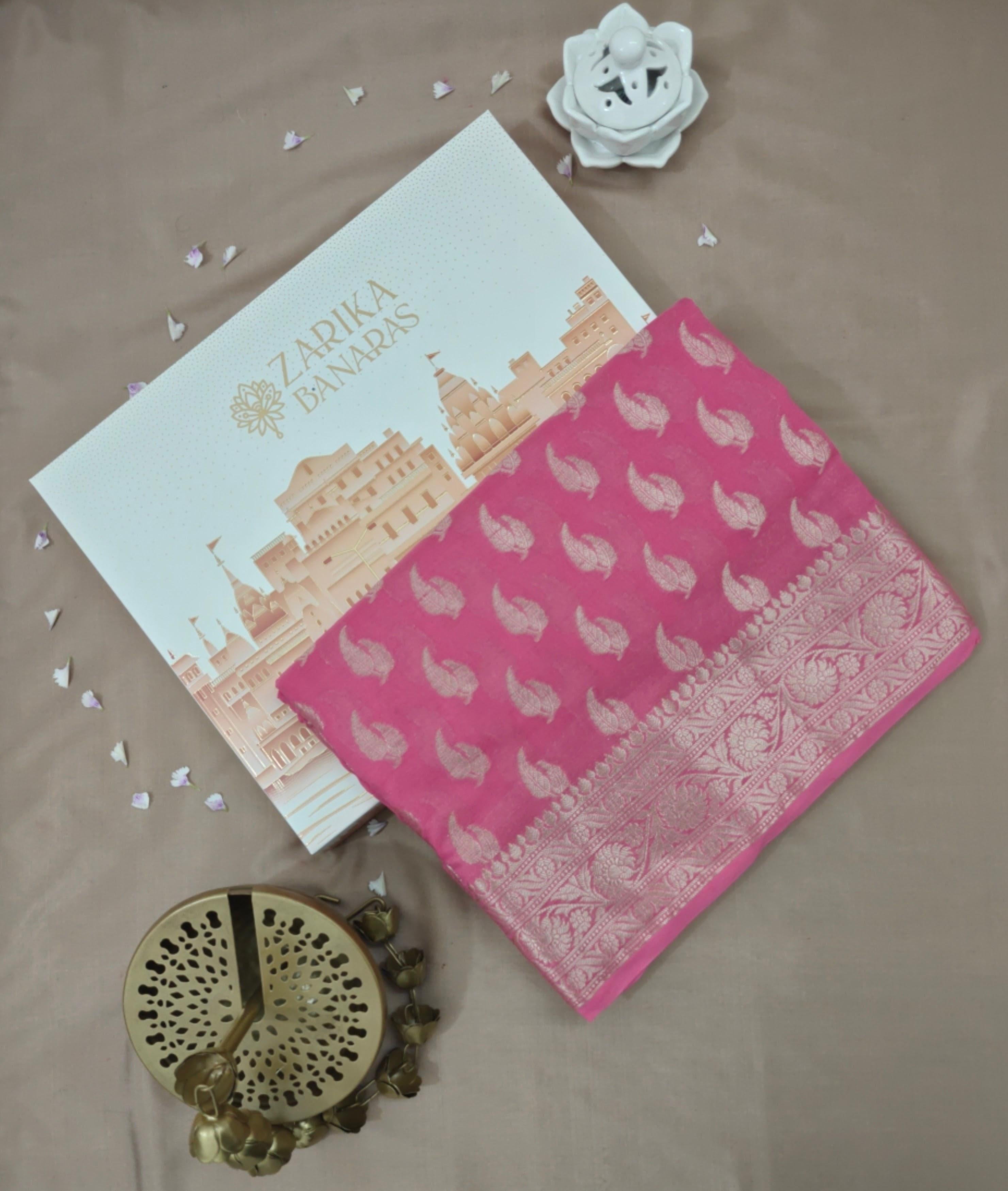 Rani Pink Georgette Saree with Leaf Motifs