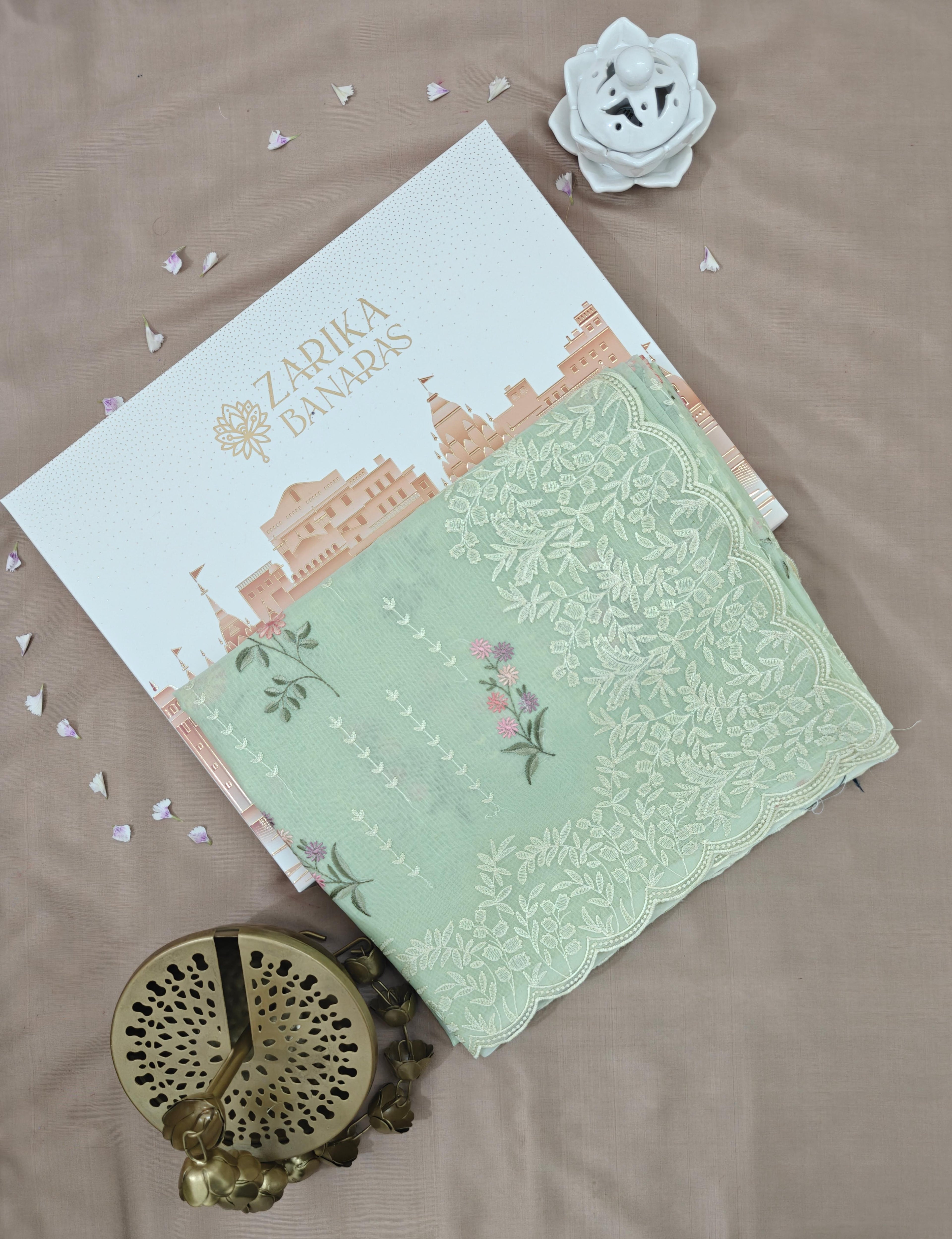 Elegant Light Green Organza Saree with Thread Work