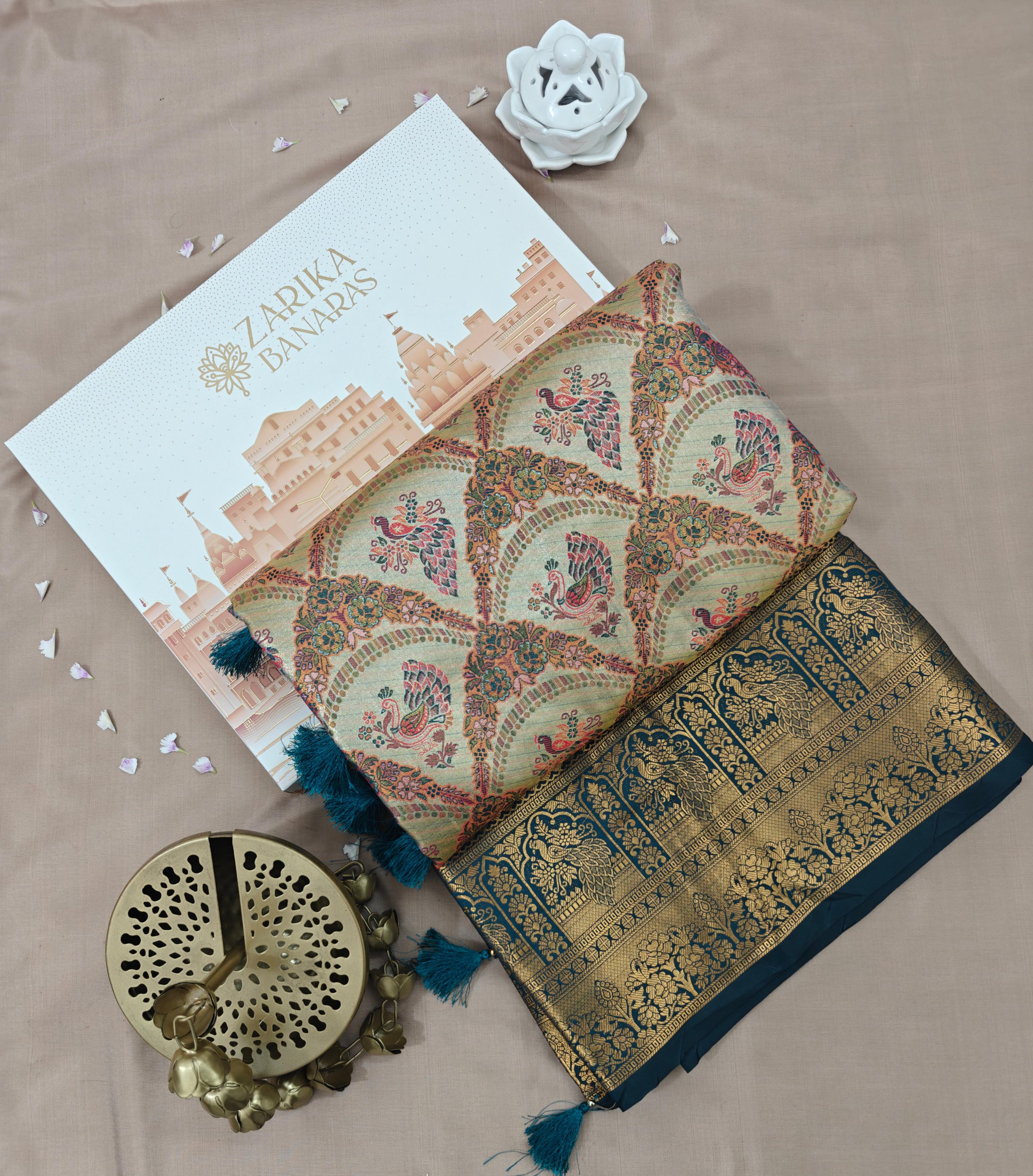 Metallic Golden Tissue Saree with Peacock Motifs & Statement Border