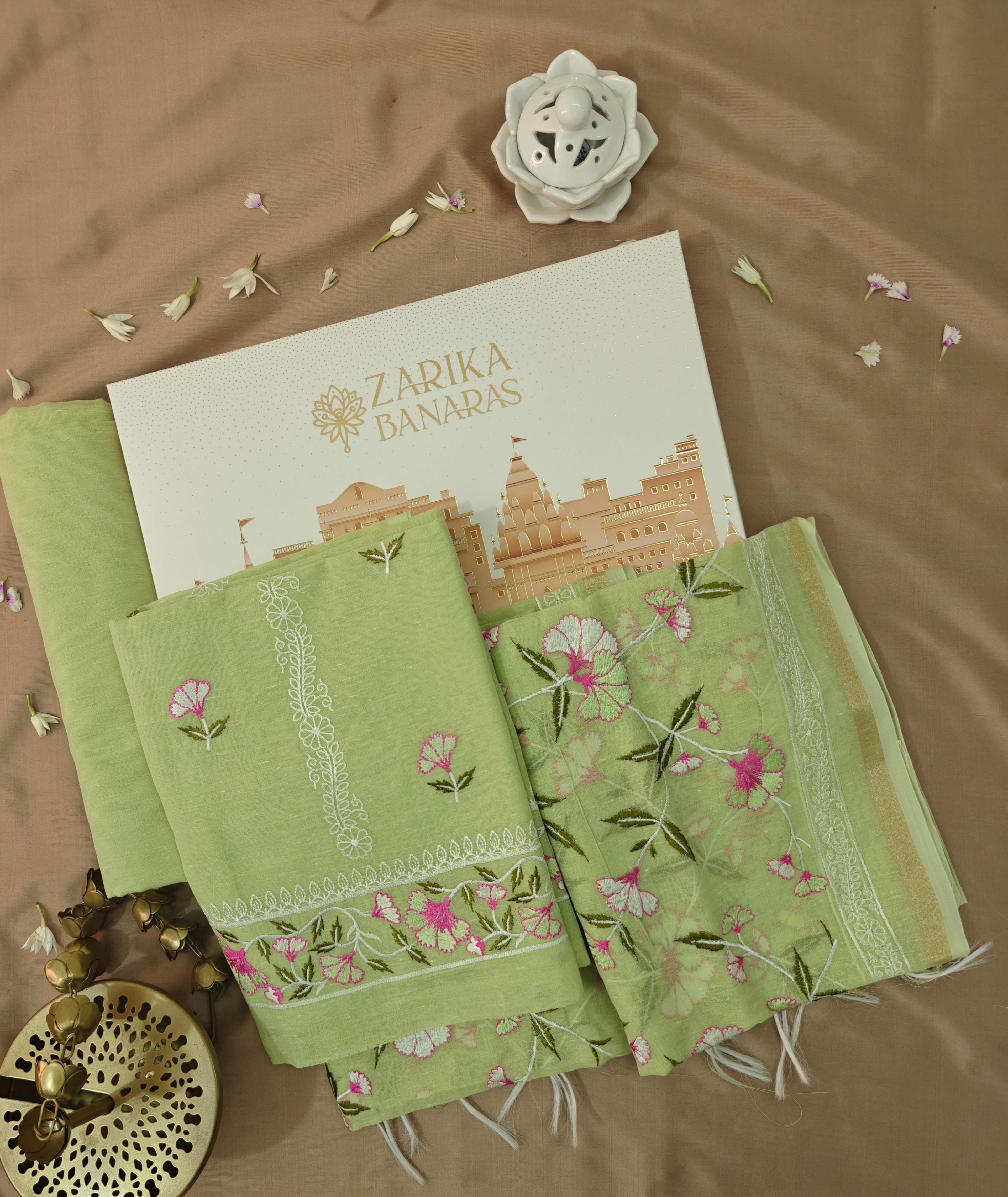 Parrot Linen Suit with All-Over Thread Embroidery