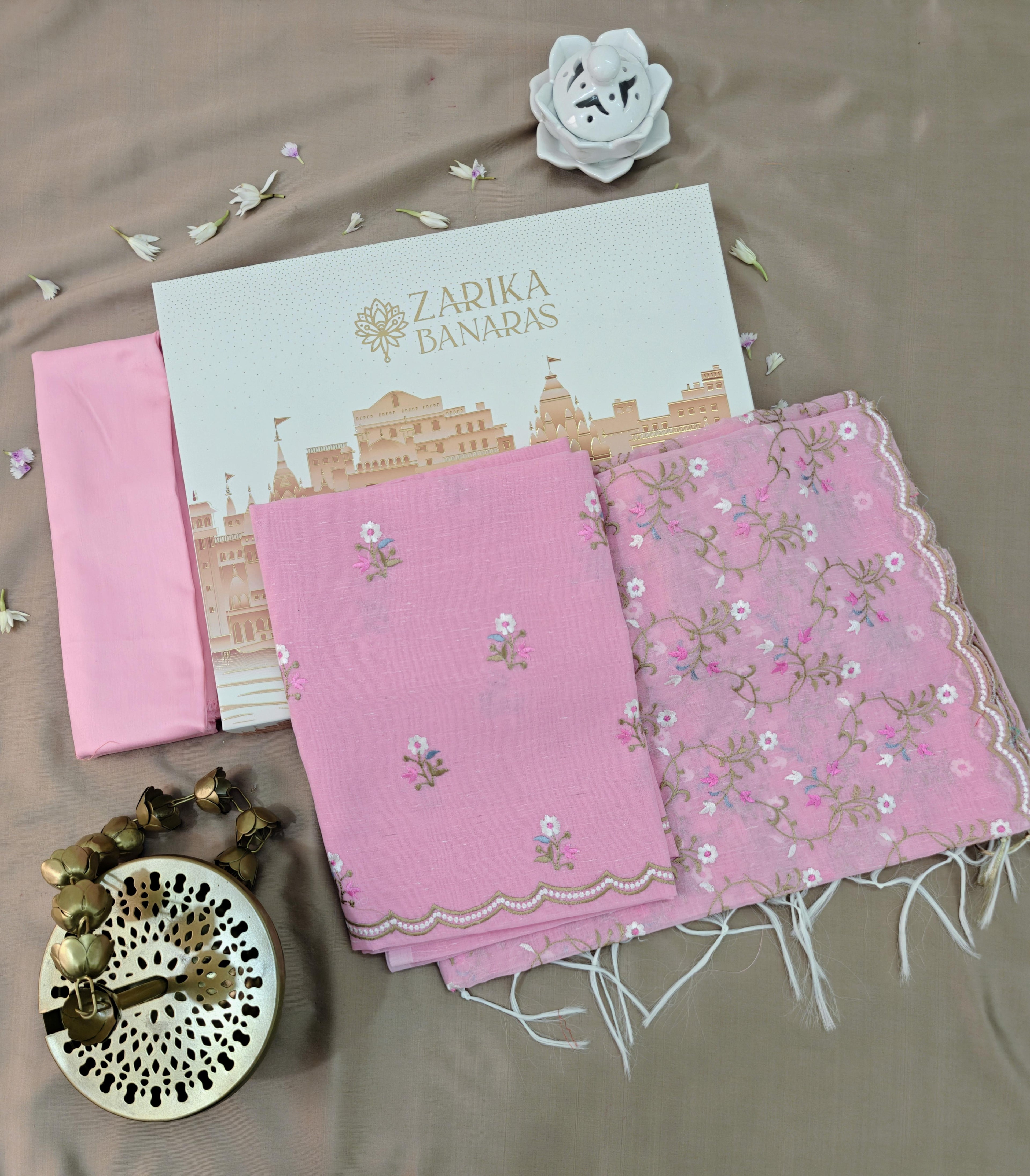 Pink Linen Suit with Floral Embroidery Dupatta