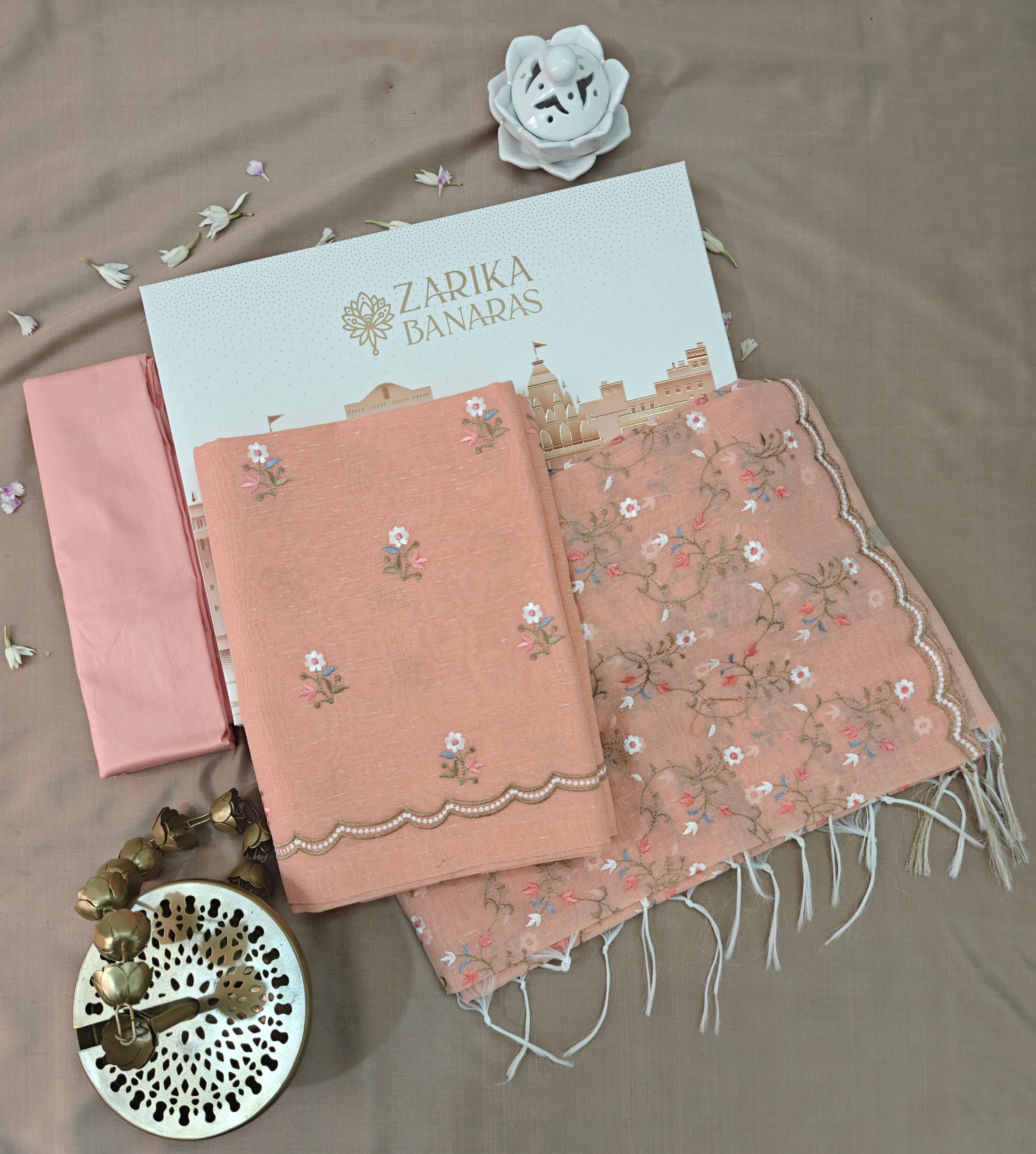 Peach Linen Suit with Floral Embroidery Dupatta