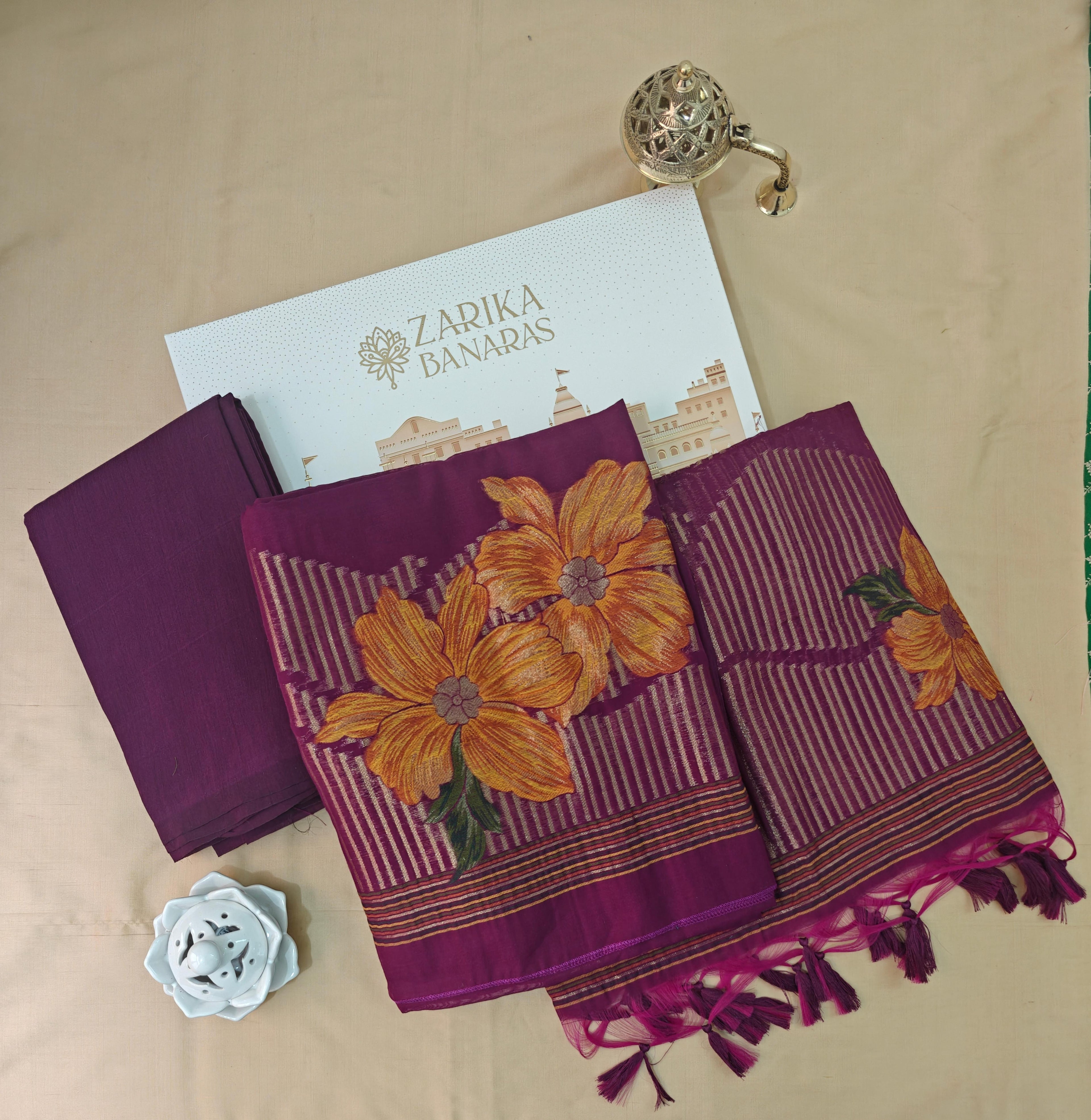 Dark Pink Linen 3-Piece Suit with Floral Motifs & Zari Work