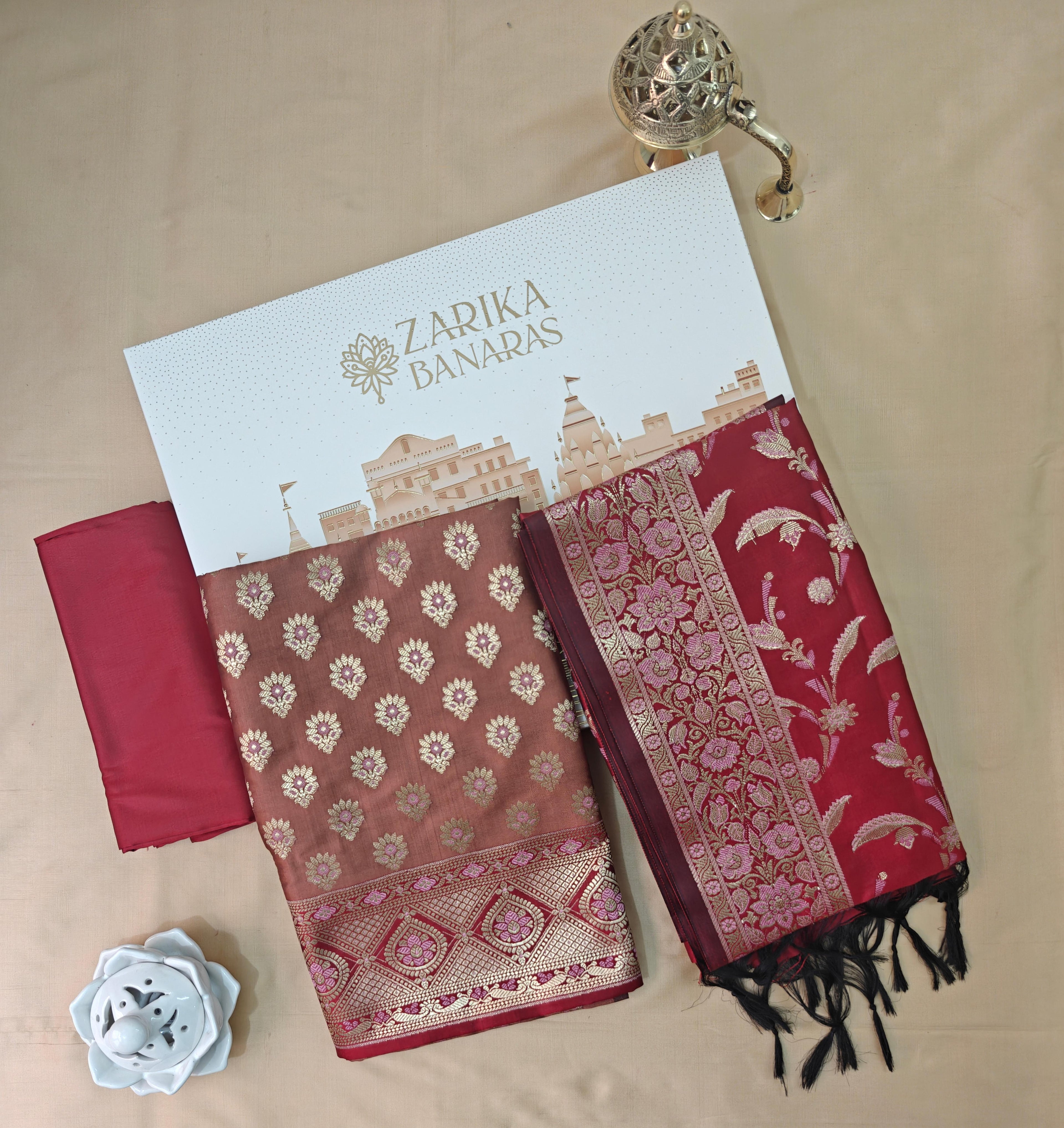 Red & Rust Silk 3-Piece Suit with Banarasi Dupatta