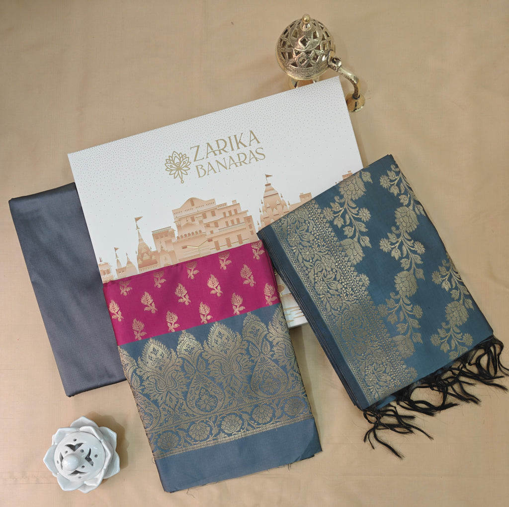 Rani & Grey Silk 3-Piece Suit with Banarasi Dupatta