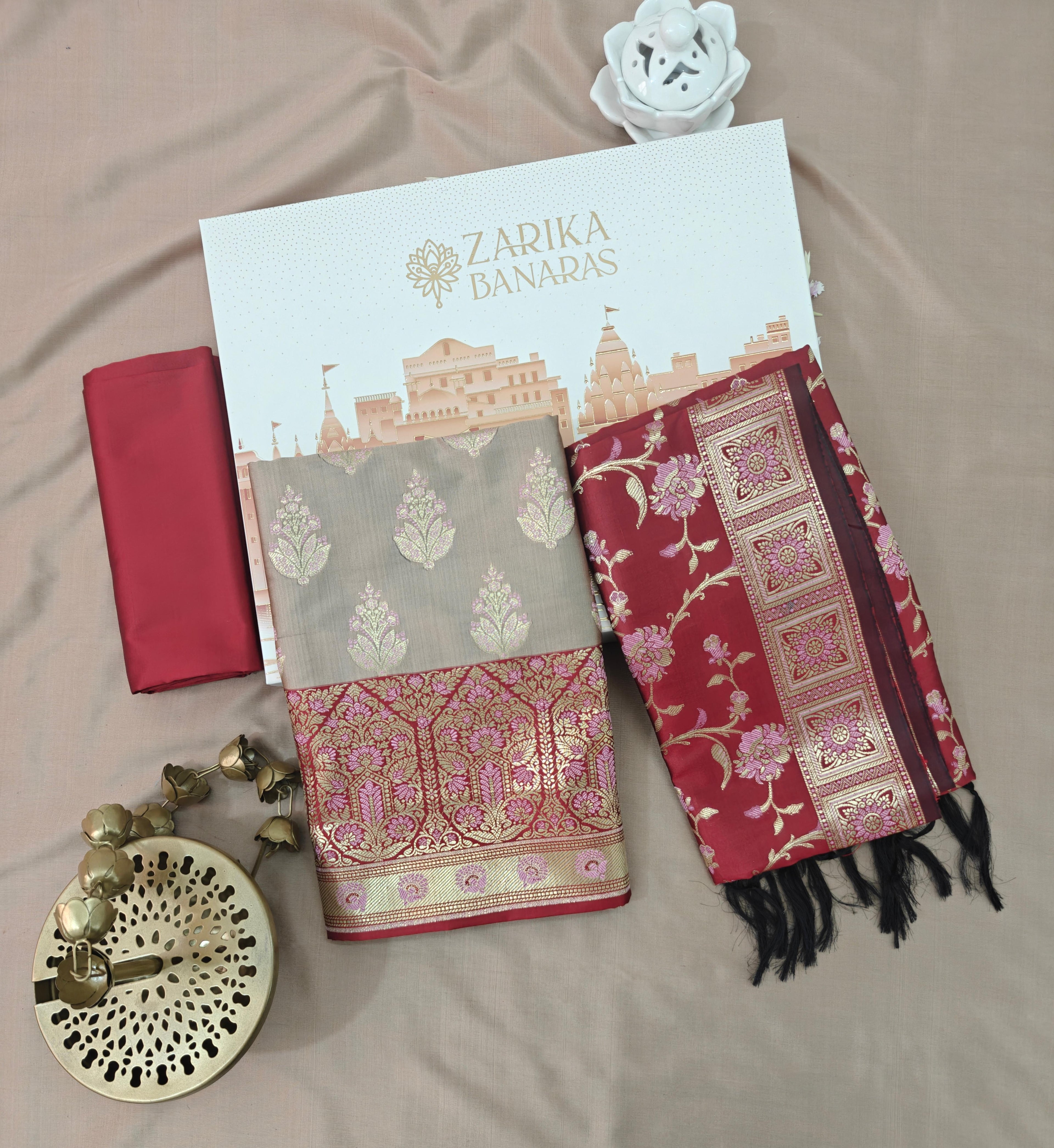 Red & Cream Silk 3-Piece Suit with Meenakari Work