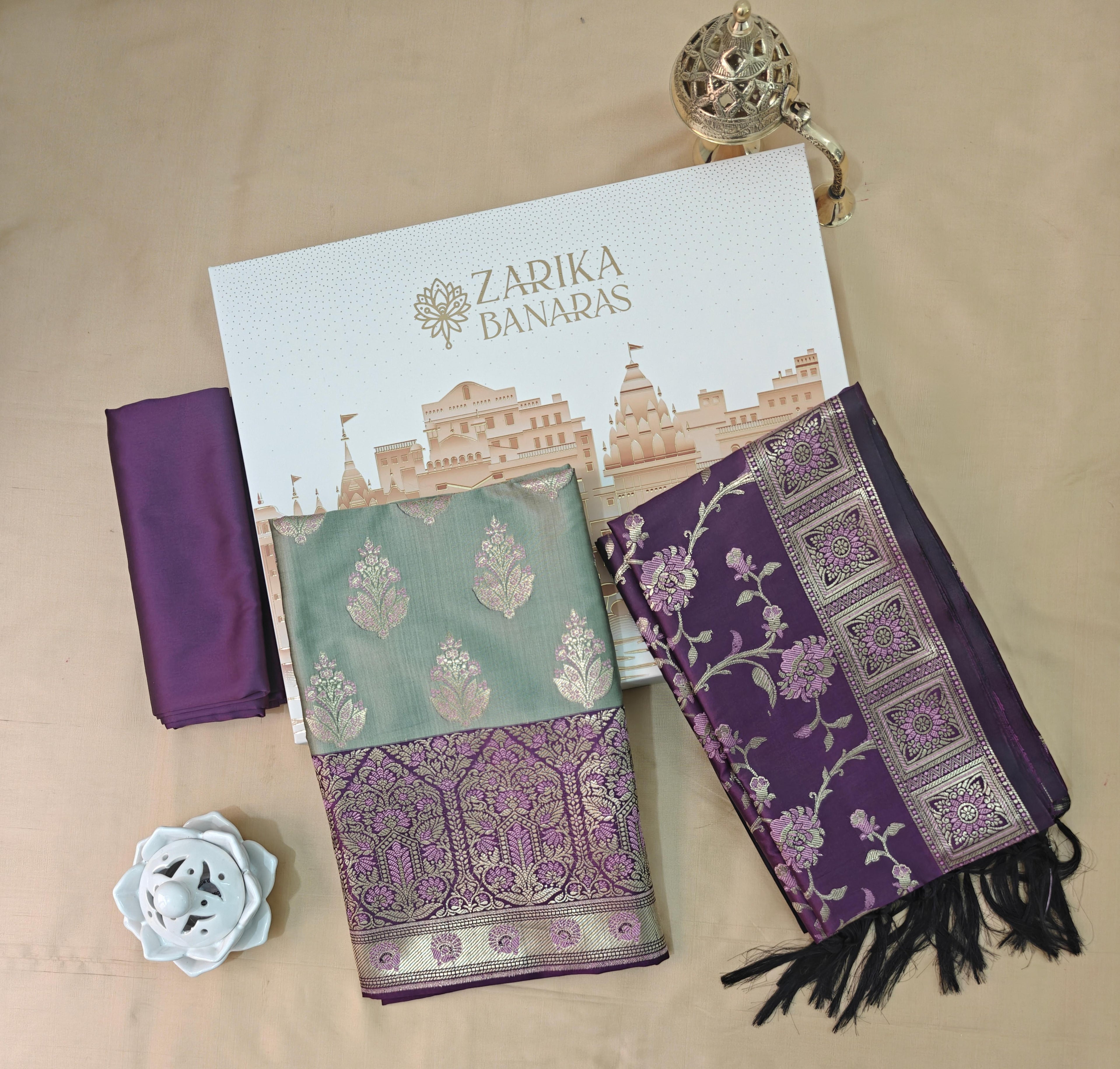 Purple & Sea Green Silk 3-Piece Suit with Banarasi Dupatta
