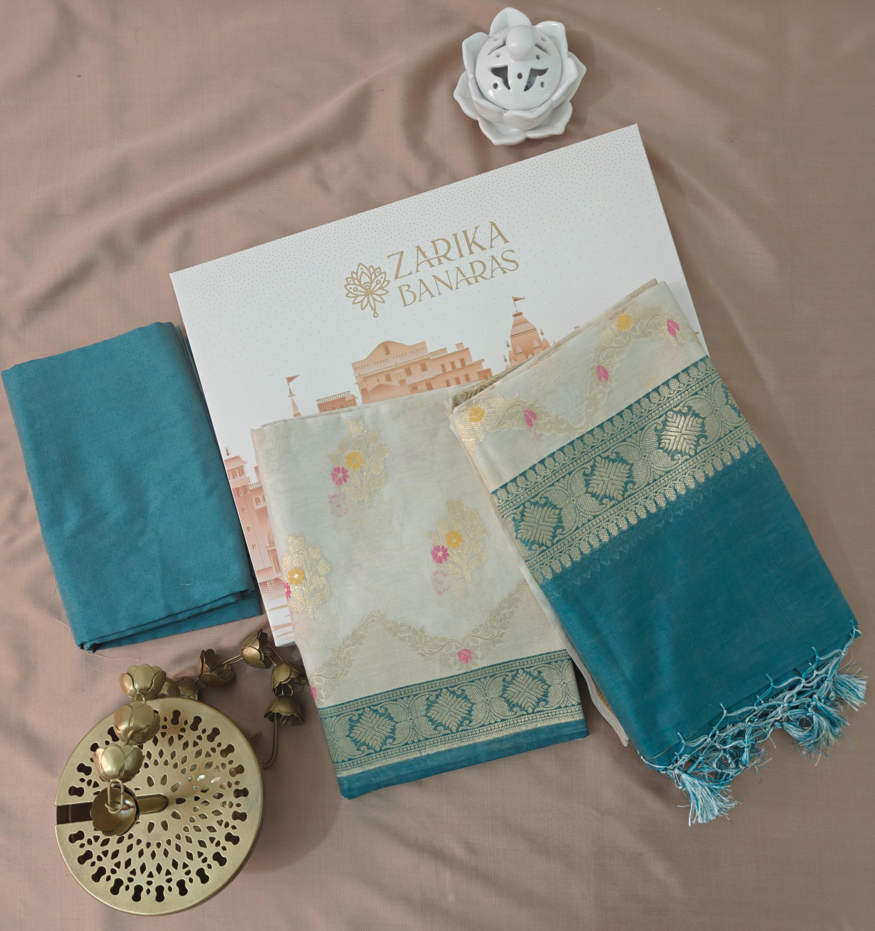 Sea Green Banarasi Suit with Ivory Contrast & Meenakari Jal Work Dupatta