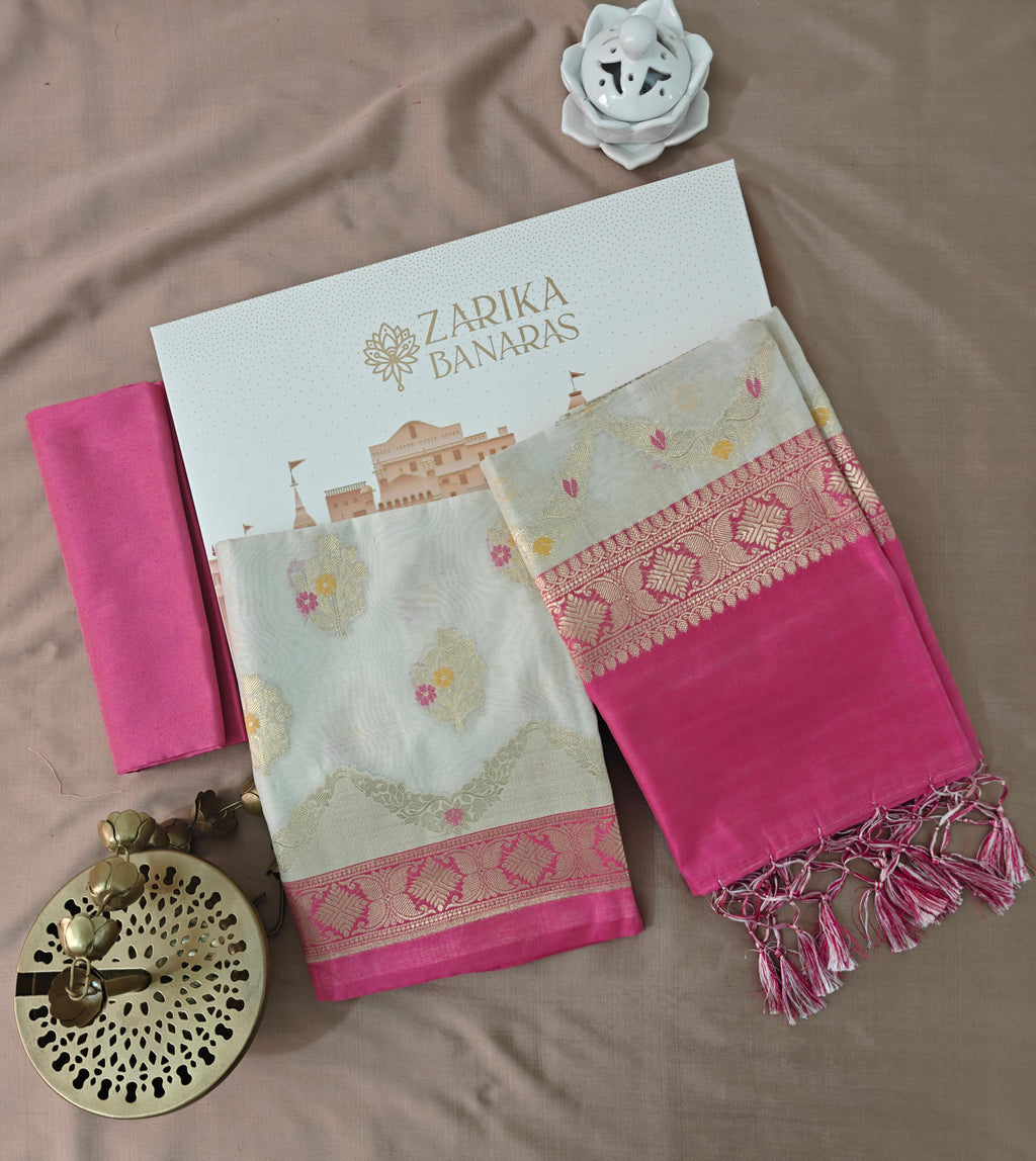 Pink Banarasi Suit with Ivory Contrast & Meenakari Jal Work Dupatta