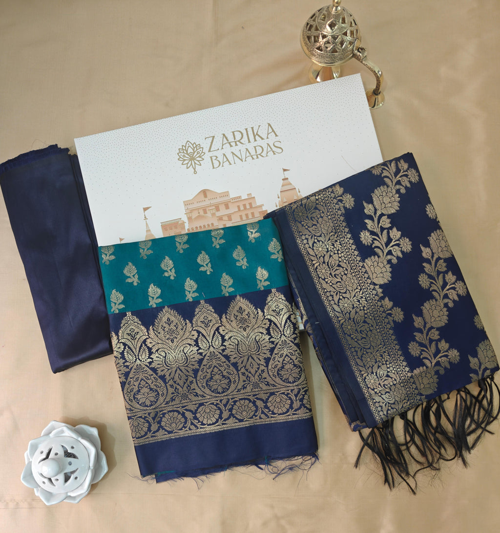 Royal Blue & Dark Green Contrast Silk Suit with Dupatta