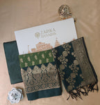 Green & Dark Green Contrast Silk 3-Piece Suit with Banarasi Dupatta