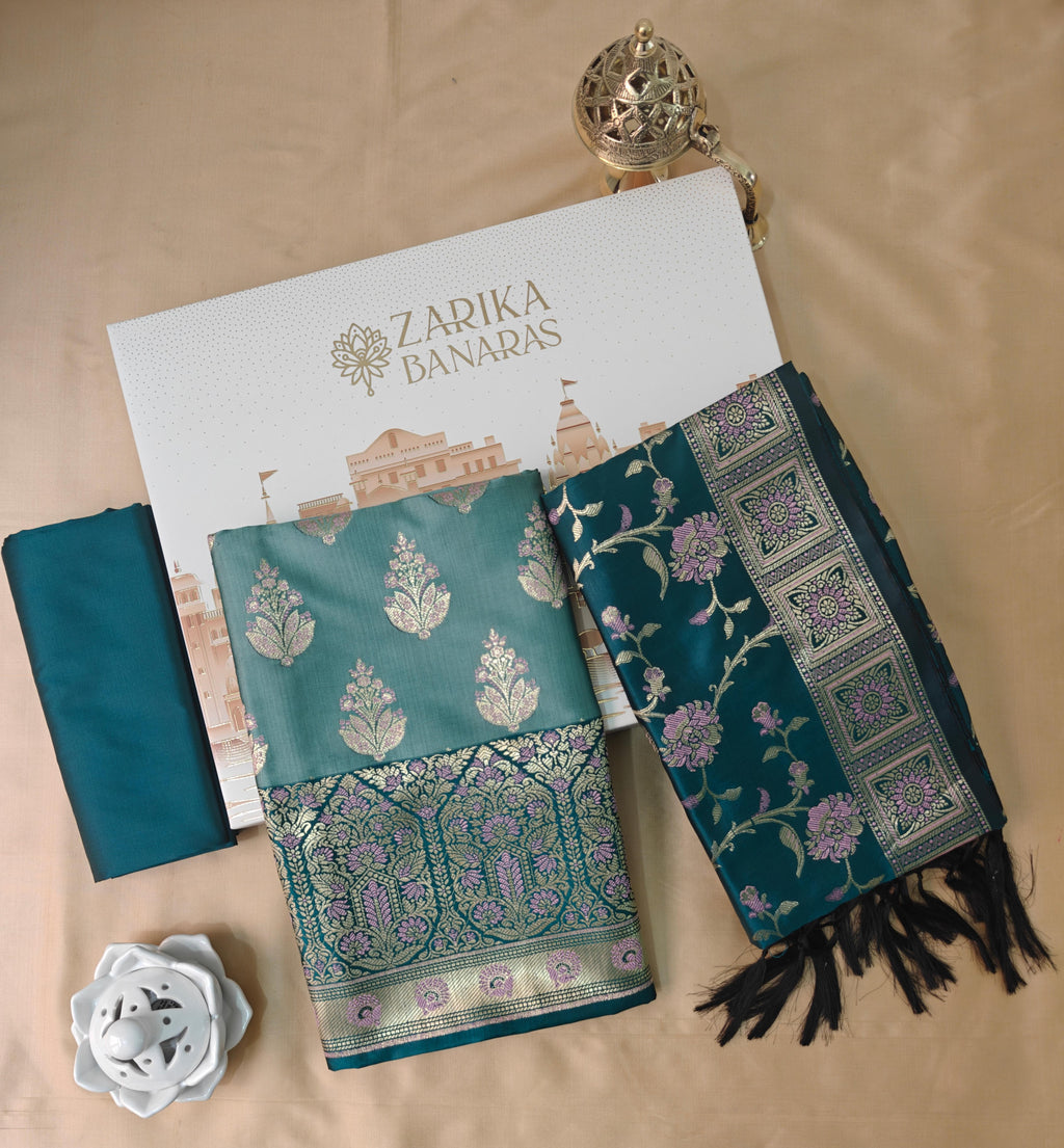 Light & Dark Ferozi Silk 3-Piece Suit with Meenakari Work