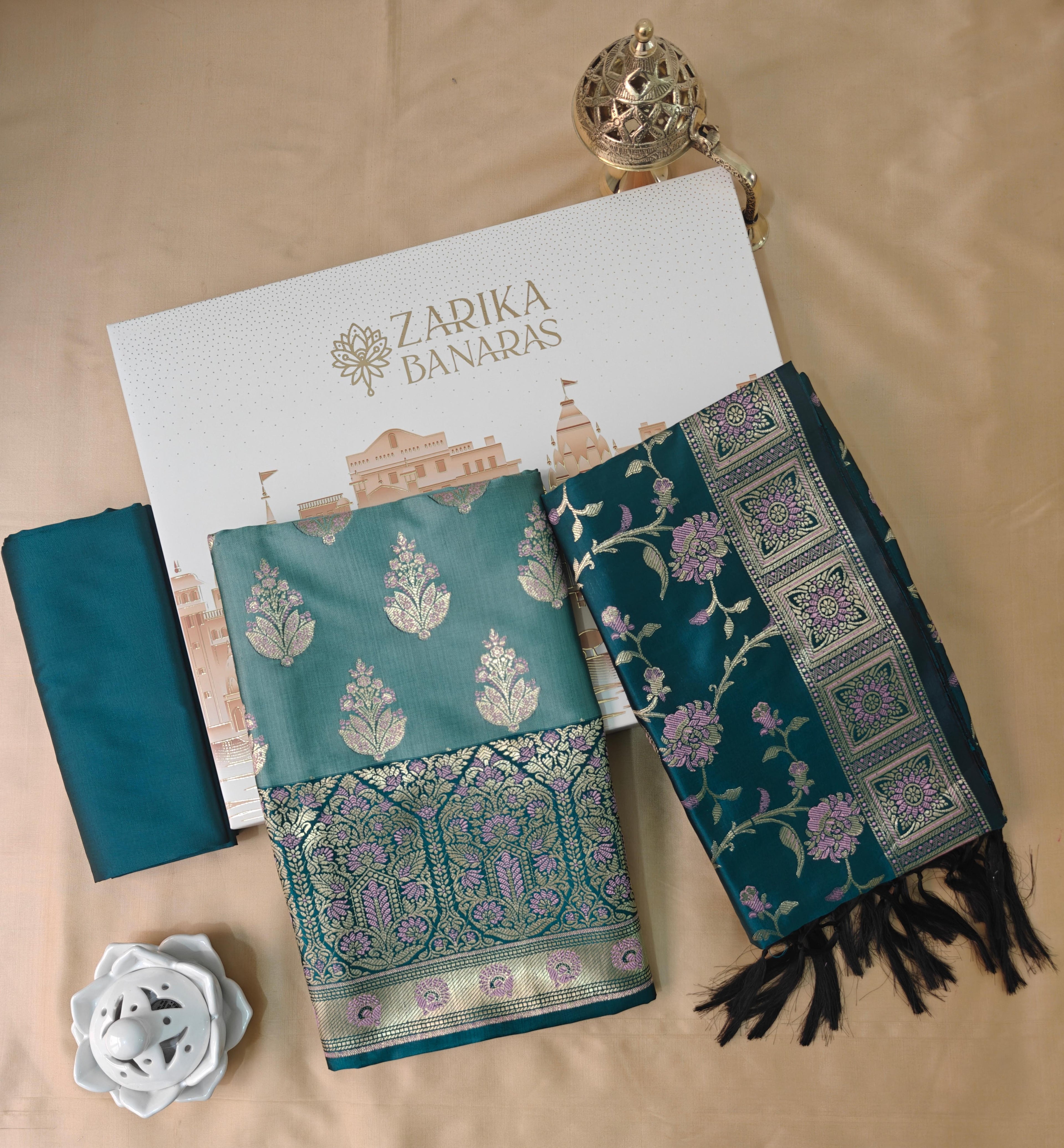 Light & Dark Ferozi Silk 3-Piece Suit with Meenakari Work